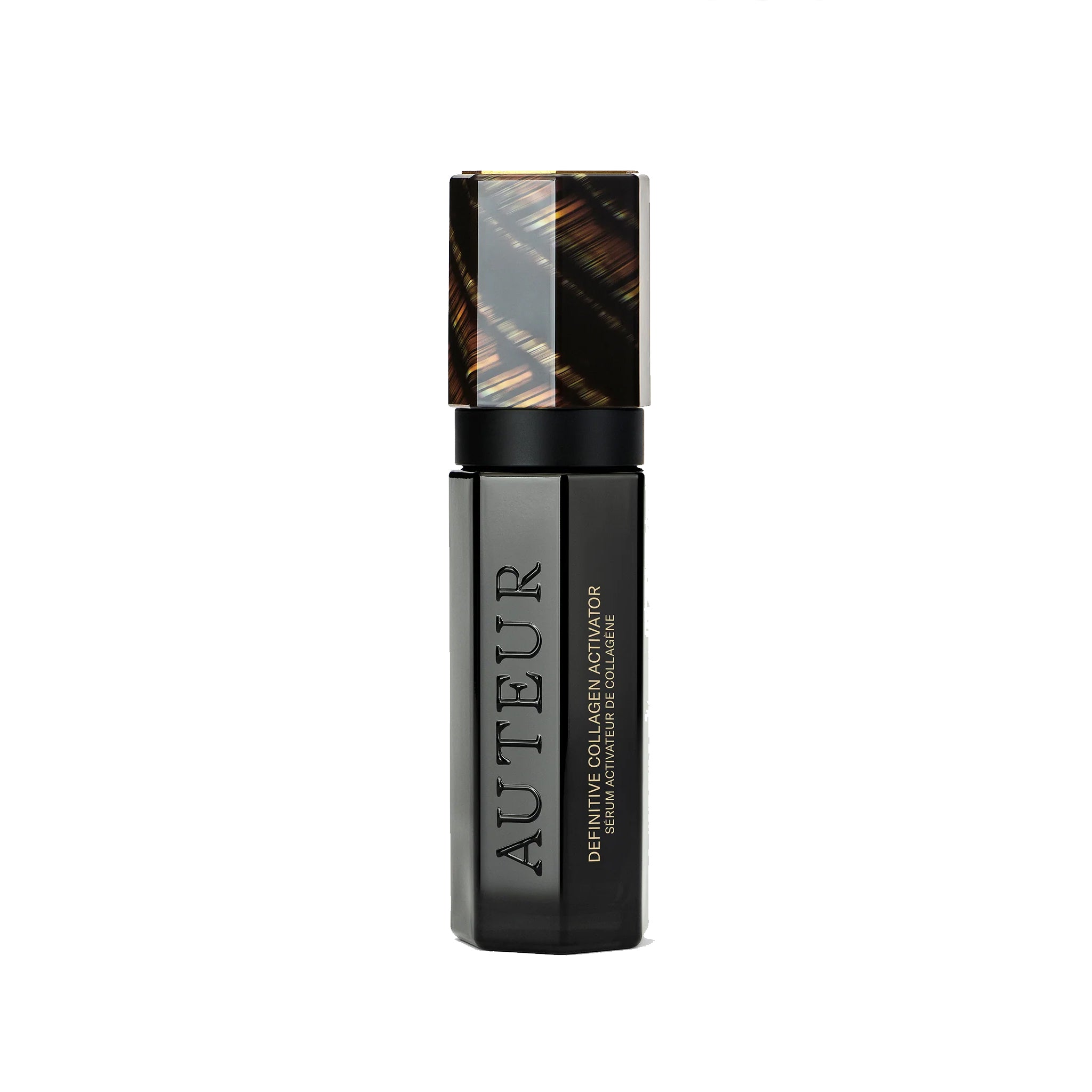 Auteur cosmetic serum bottle with black and gold design on a white background