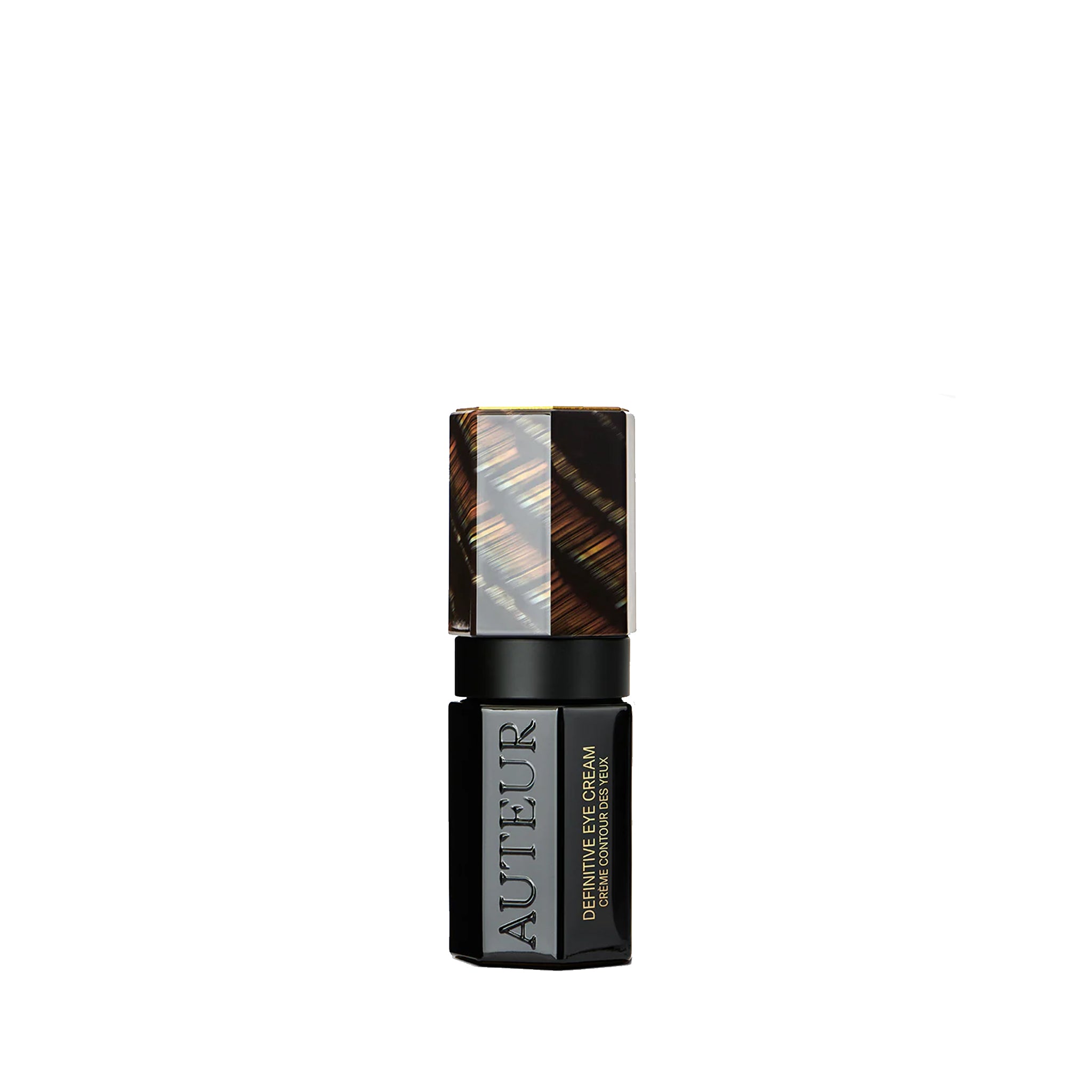 Auteur eye cream bottle with black and gold design on a white background