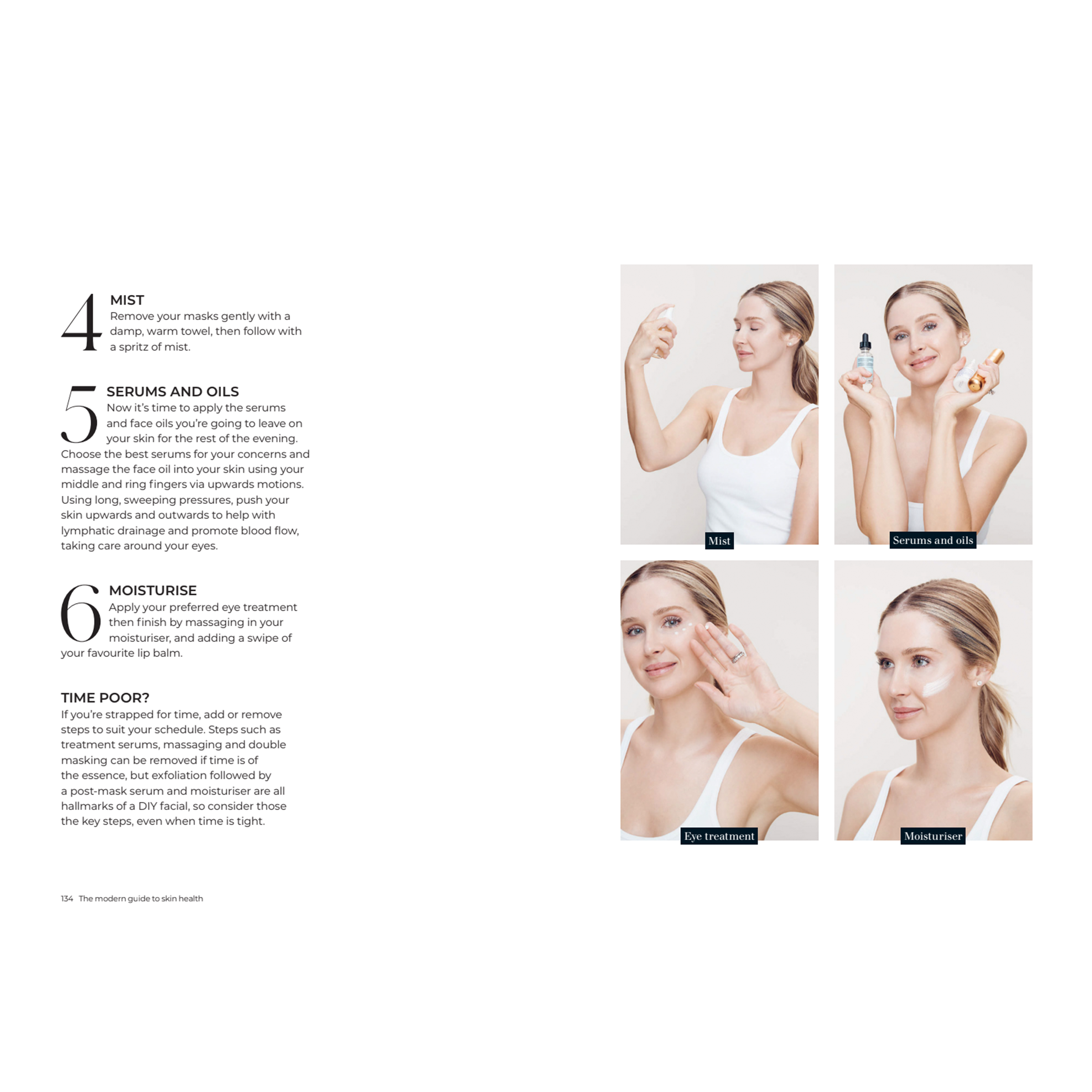 Instructions for a skincare routine with images of a woman applying products.