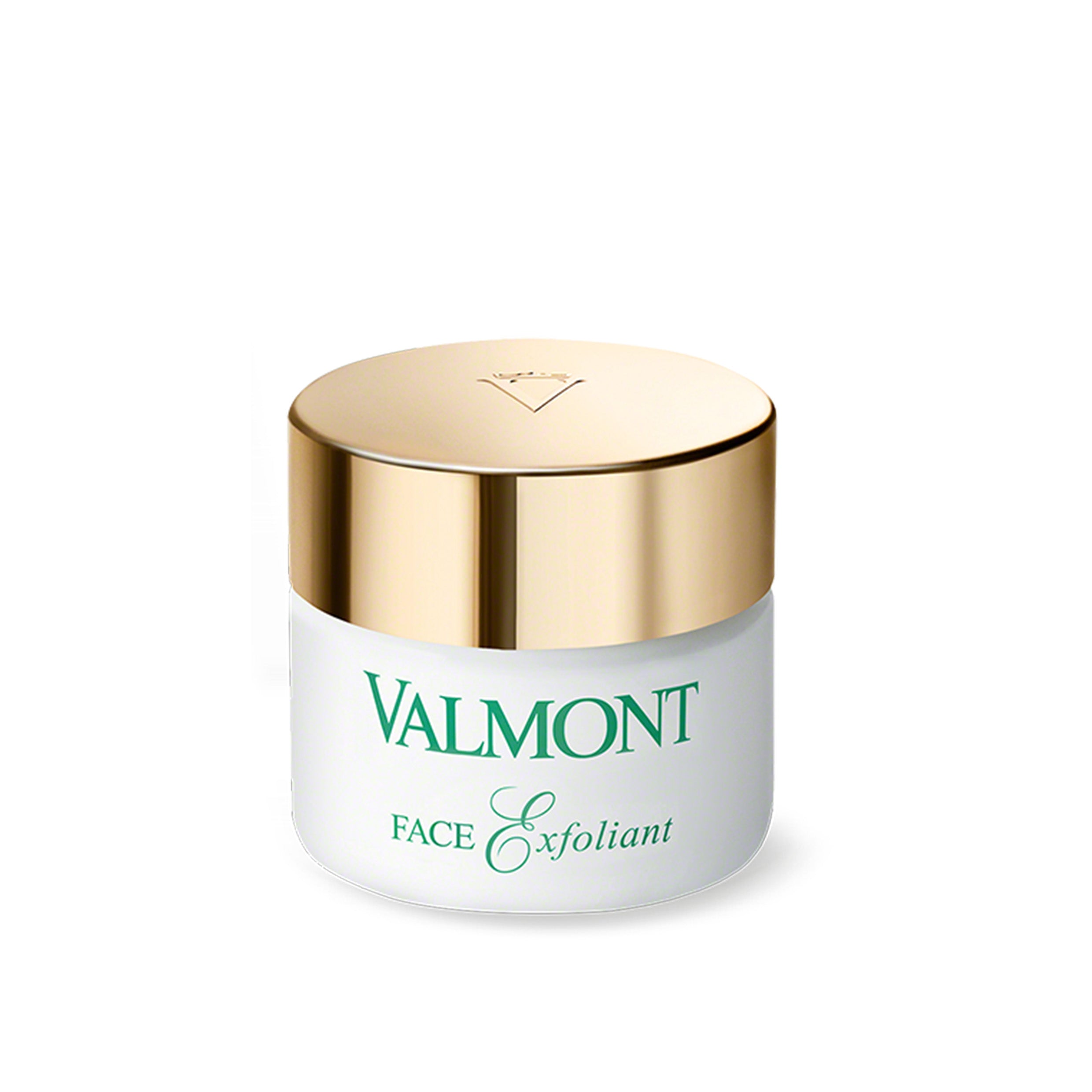 Valmont Face Exfoliant jar with gold lid on a white background