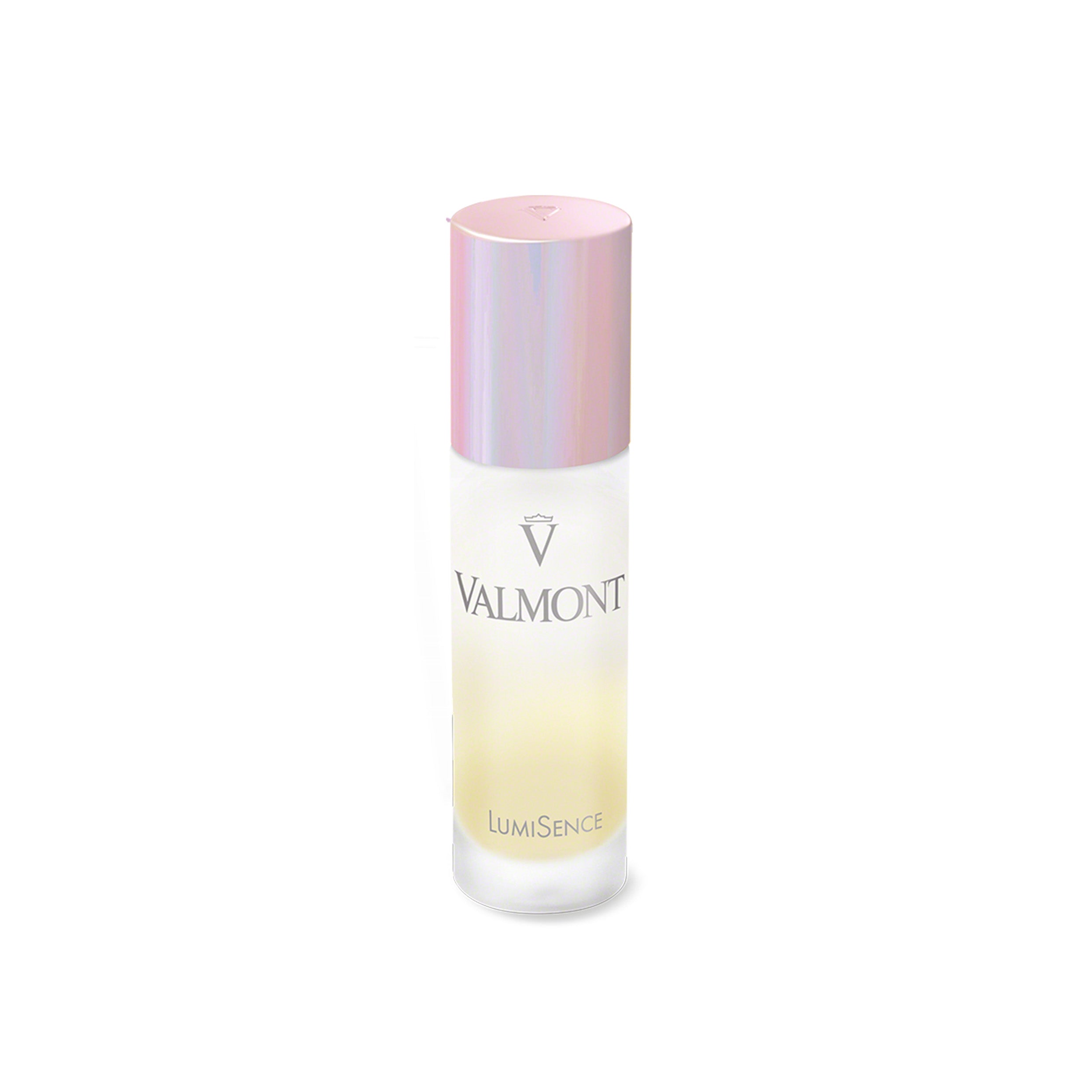 Valmont LumiSense skincare bottle with gradient pink to white cap on a white background