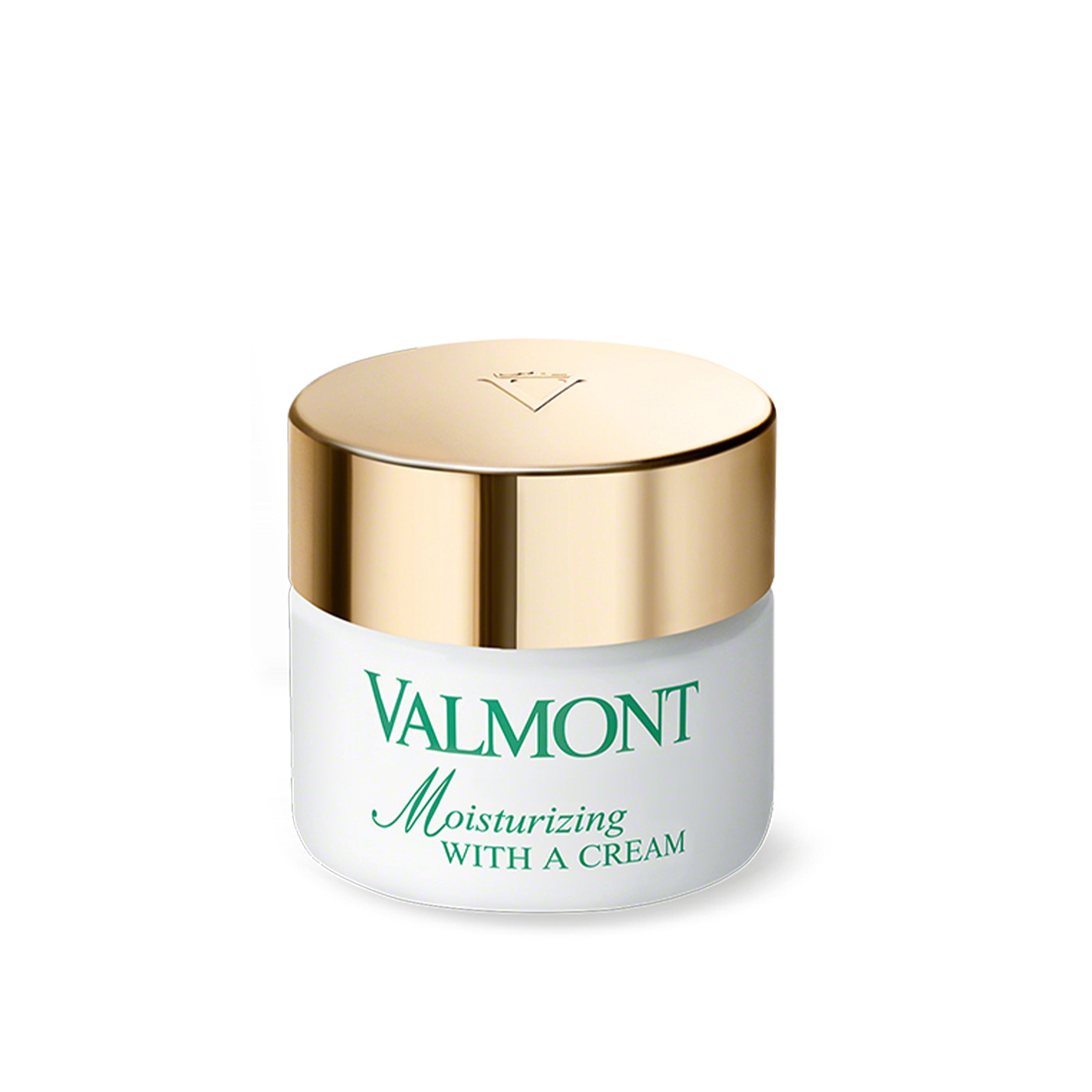 Valmont moisturizing cream jar with gold lid on a white background