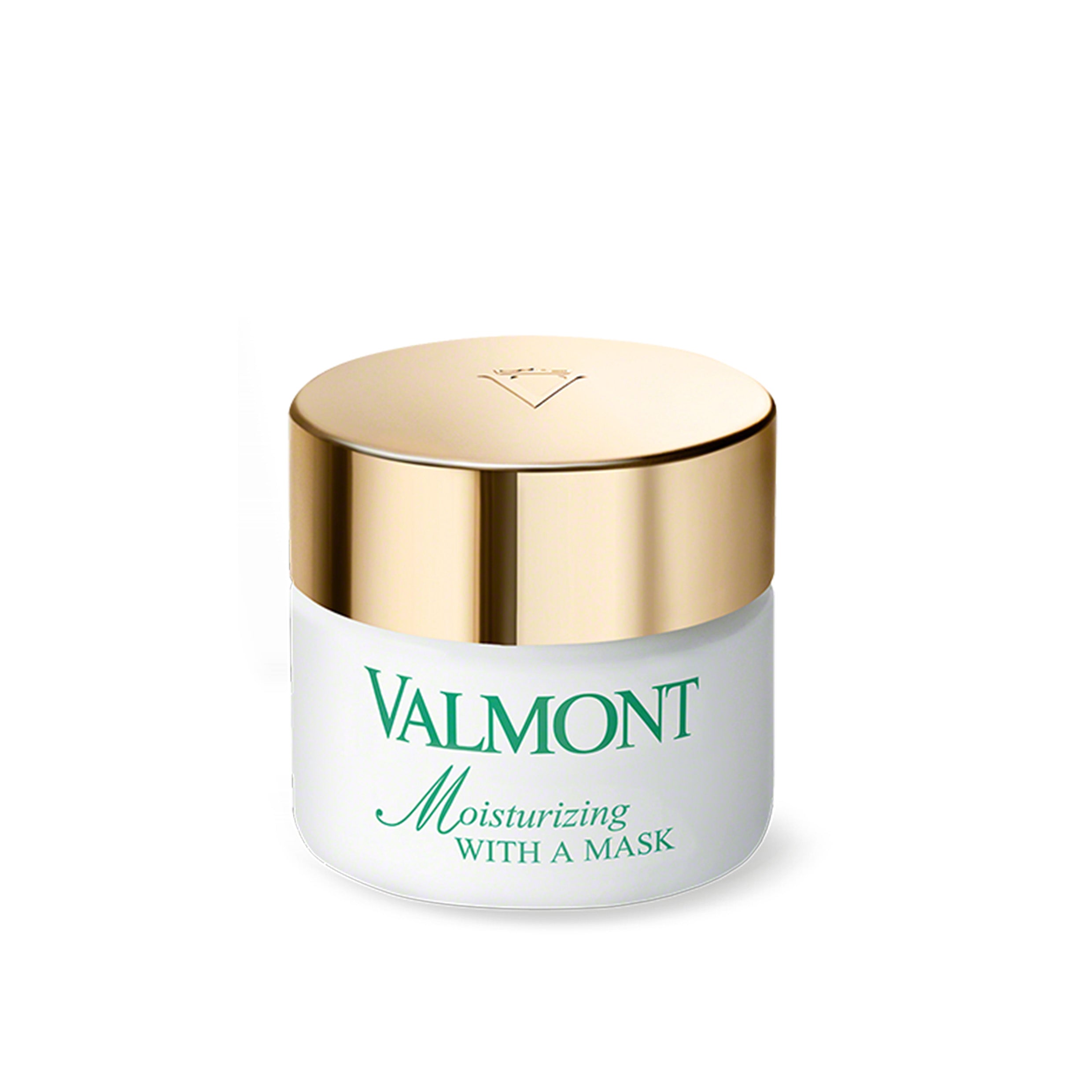 Valmont moisturizing cream jar with gold lid on a white background