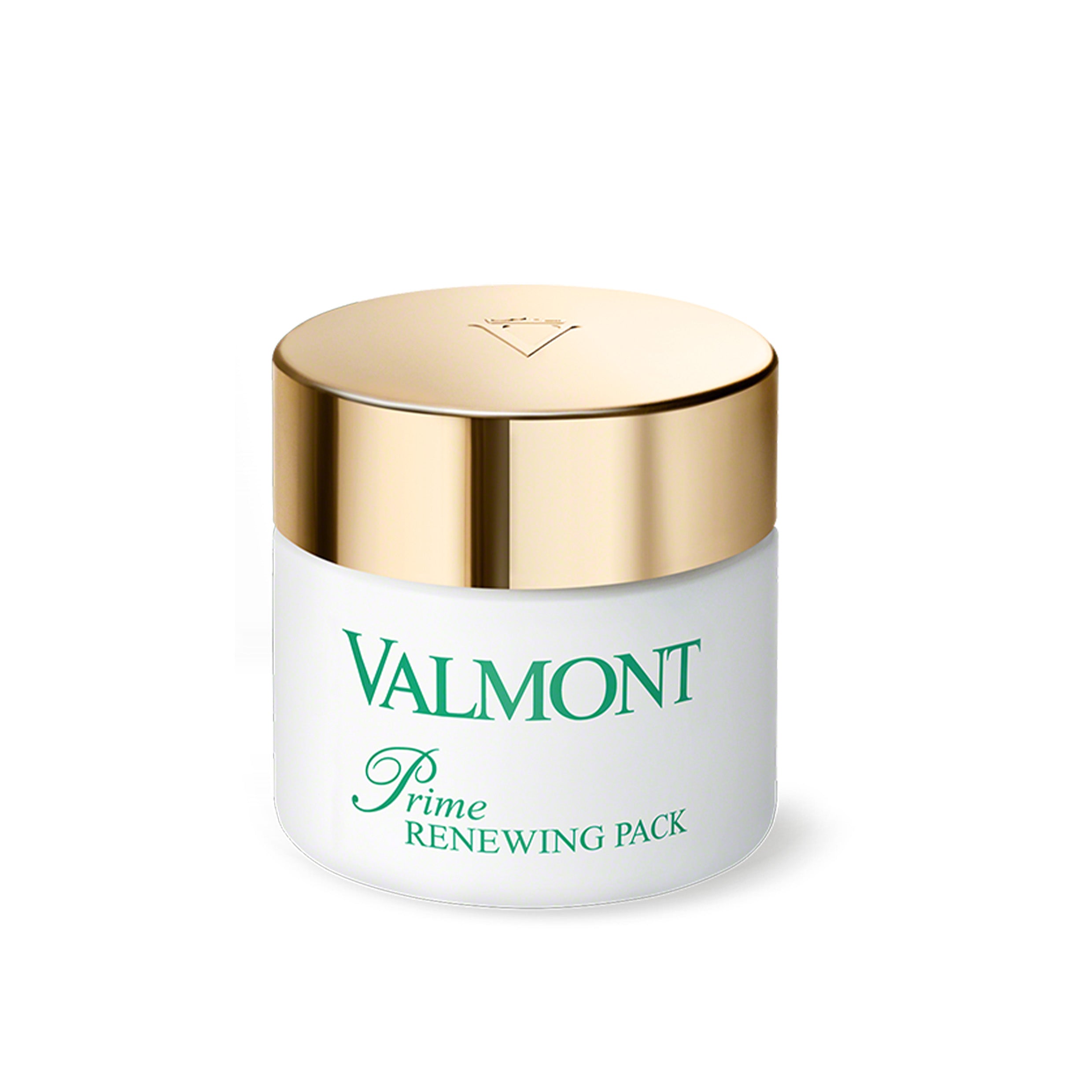 Valmont Prime Renewing Pack cream jar with gold lid on a white background