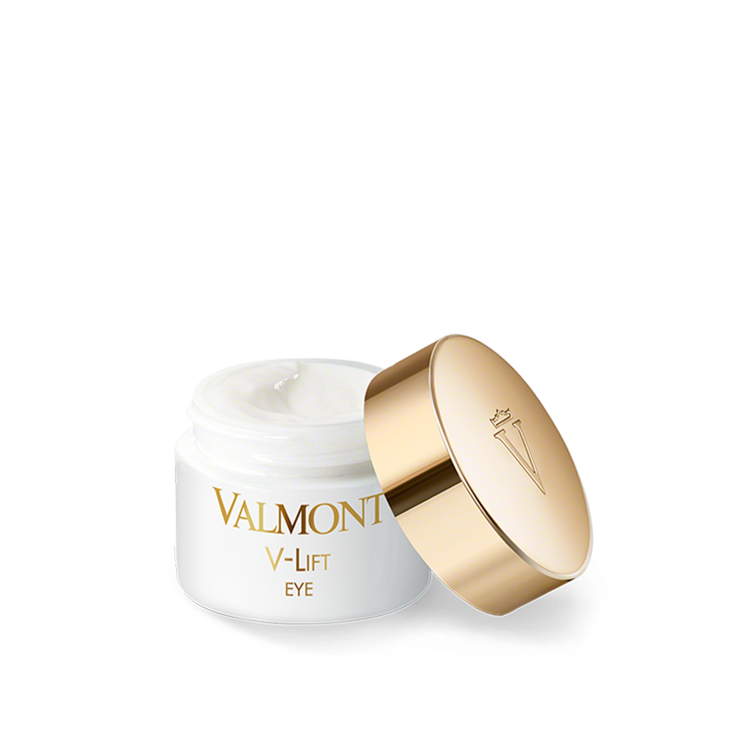 Valmont V-Lift Eye cream jar with gold lid on a white background