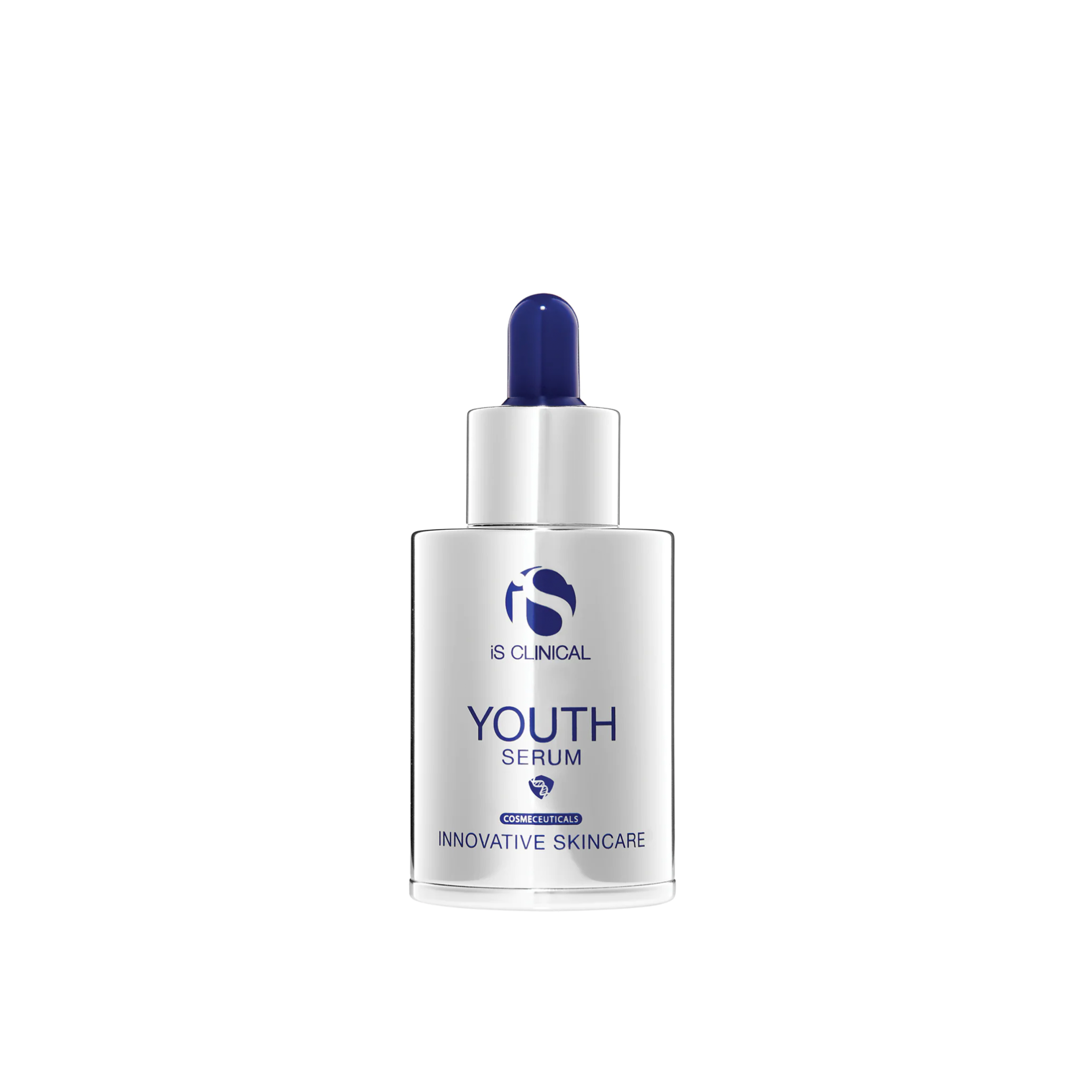 A bottle of iS Clinical Youth Serum with a dropper cap.