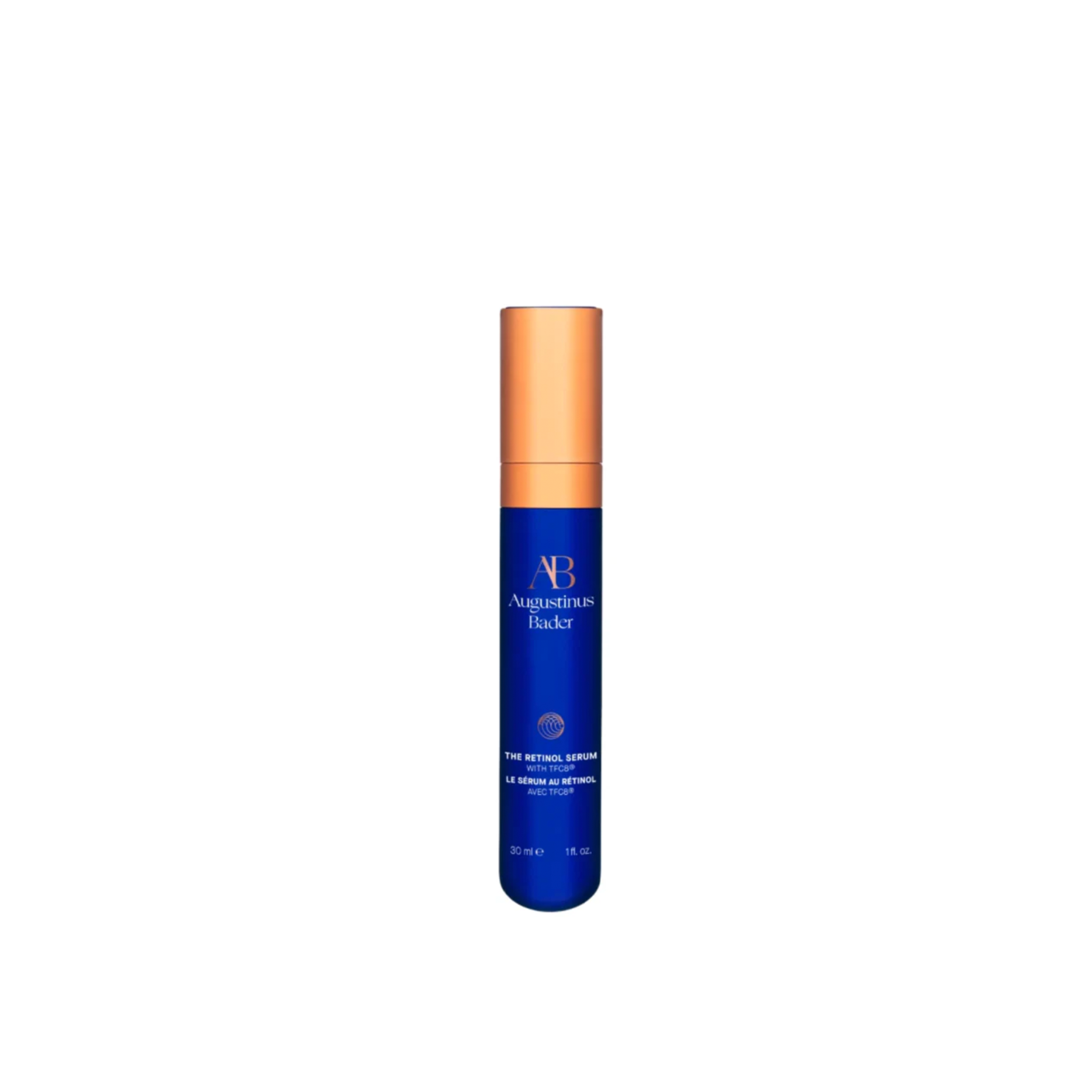 A bottle of Augustinus Bader The Retinol Serum with a blue label and a copper-colored cap.
