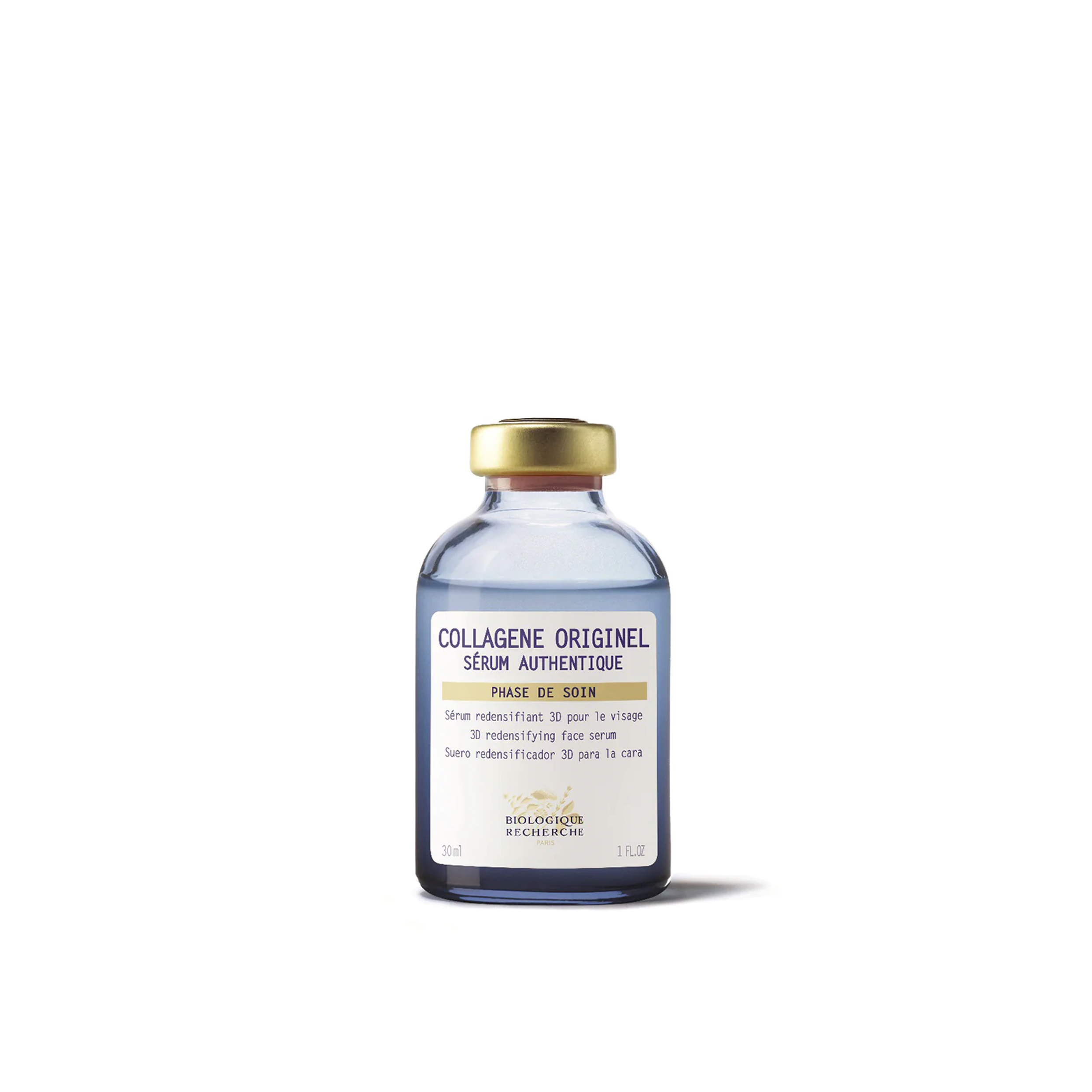 A glass vial labeled 'Collagène Originel Serum' with a gold-colored cap, set against a white background.