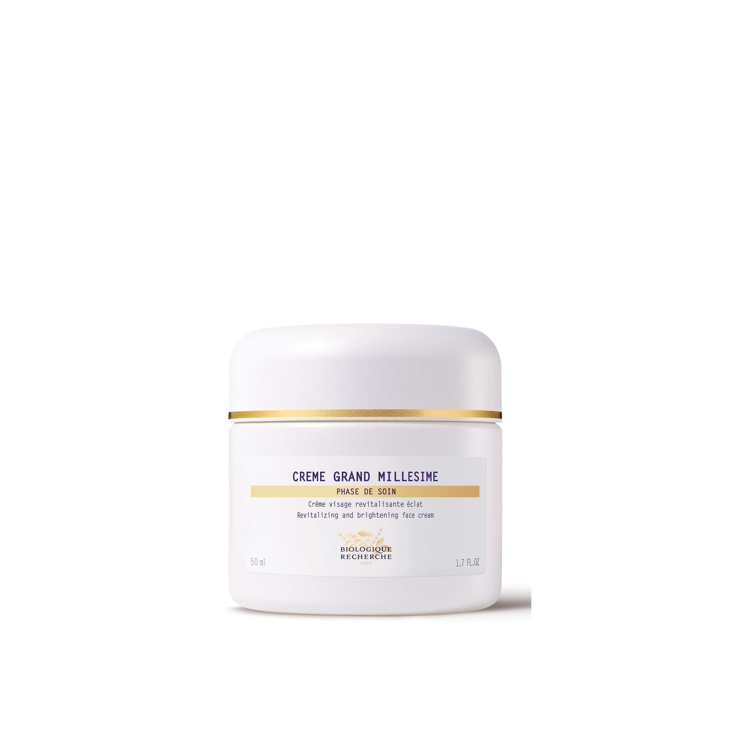 A jar of Biologique Recherche Crème Grand Millésime with a white and gold label on a white background.