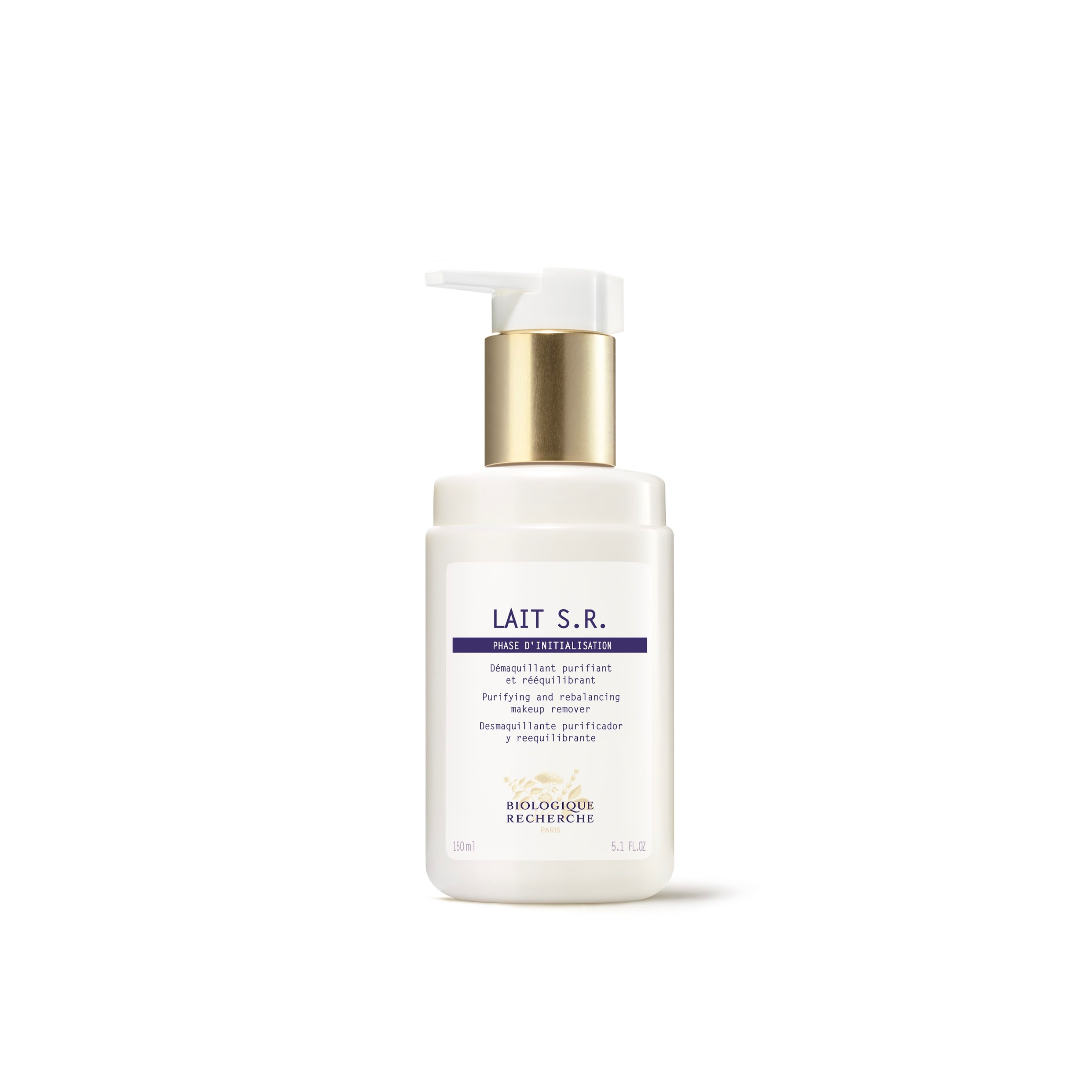 A pump bottle of Biologique Recherche Lait S.R. cleanser designed for purifying the skin and removing makeup.