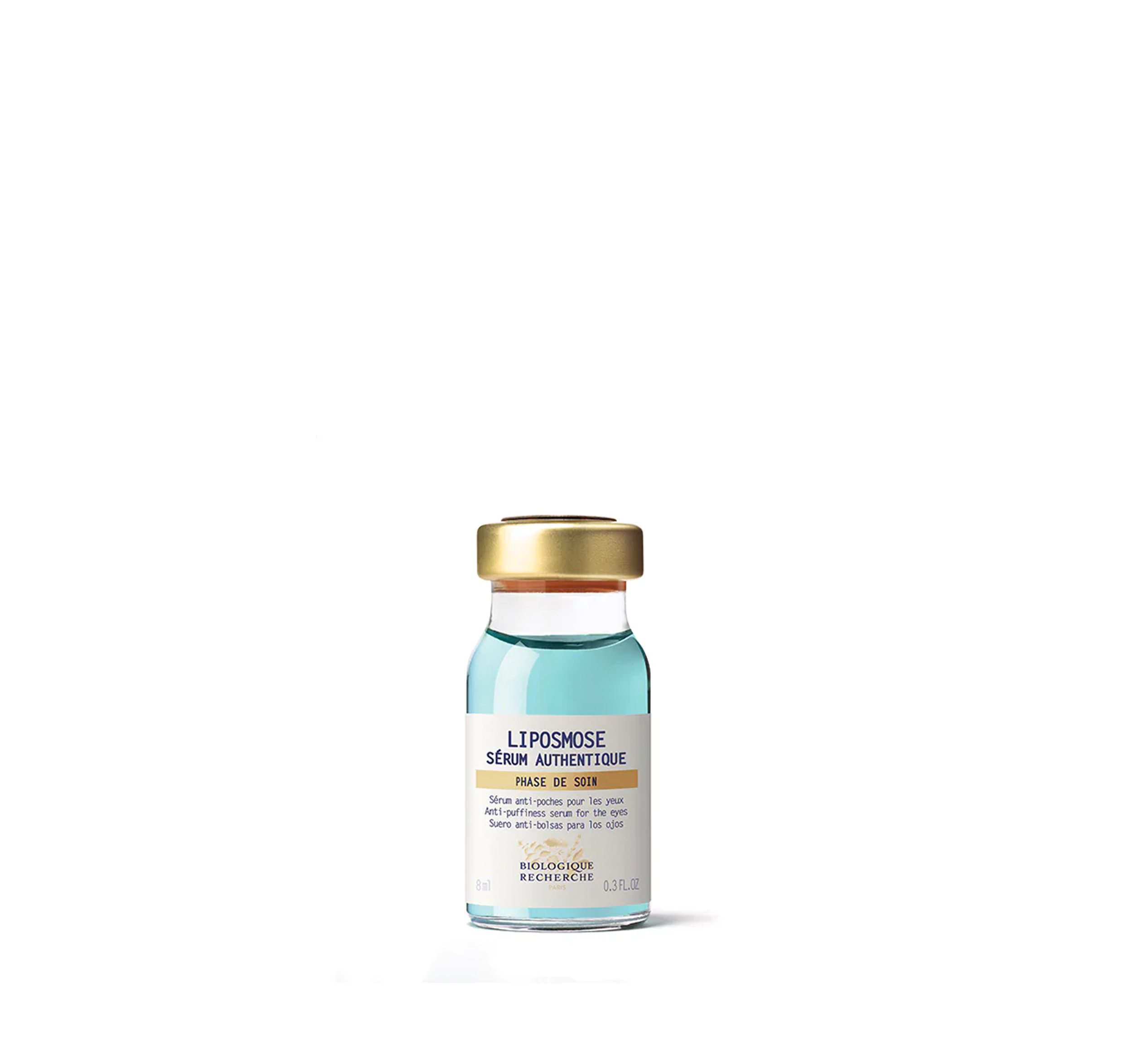 A clear glass vial with a gold cap labeled as 'Liposmose Biologique Recherche Serum' used for the eye contour area.
