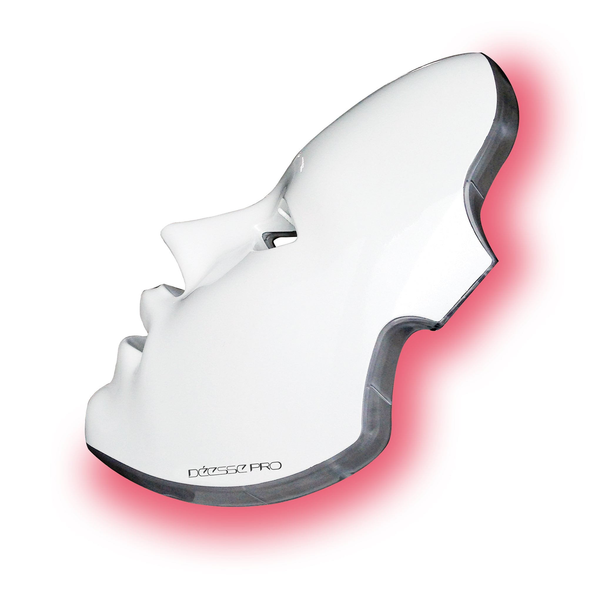 A white LED phototherapy mask designed for skin treatment, with eye openings and adjustable head strap, shown with red light on.