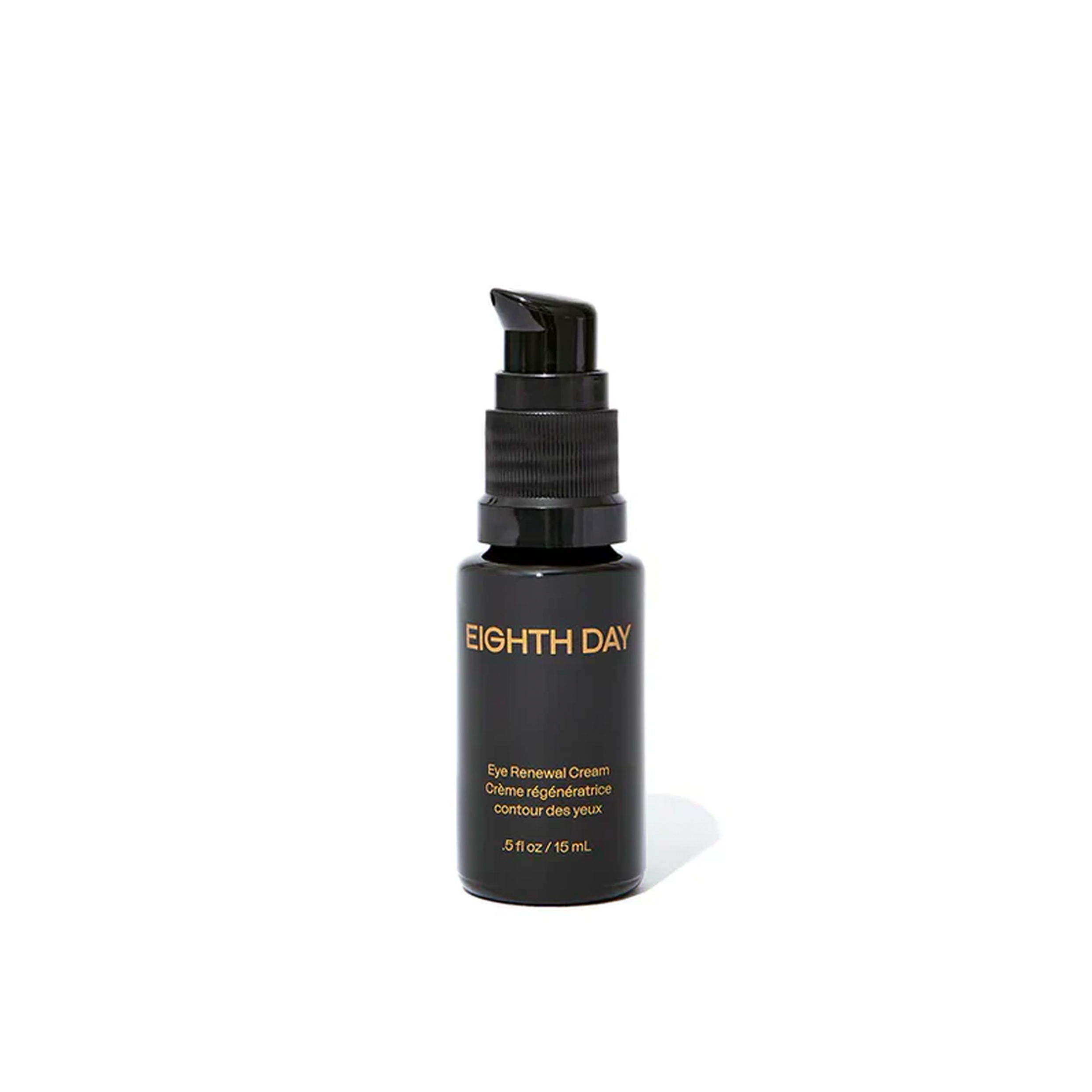 A black pump bottle labeled 'EIGHTH DAY Eye Renewal Cream', designed for the skin around the eyes.