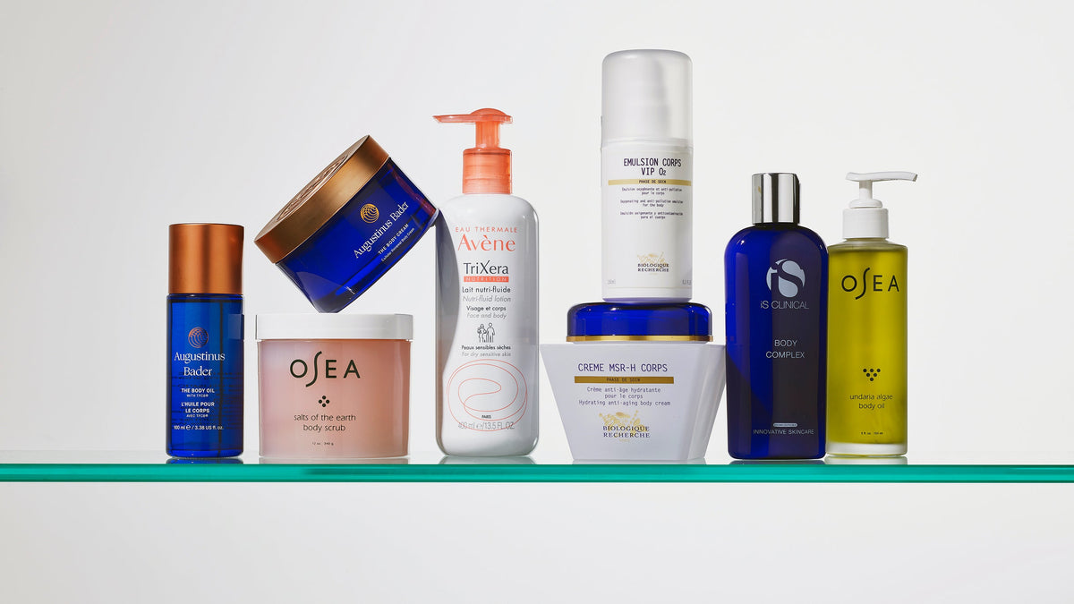 Skincare products arranged on a glass shelf from the Body Texture & Striae photography archive