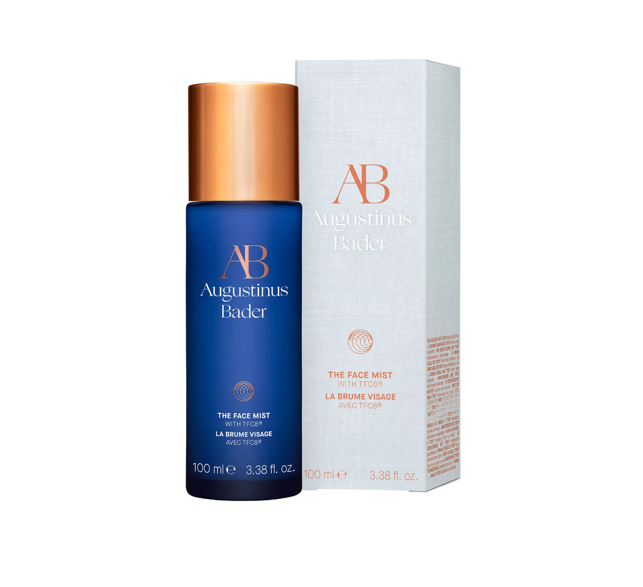Packaging and bottle of Augustinus Bader The Face Mist, with brand and product information.