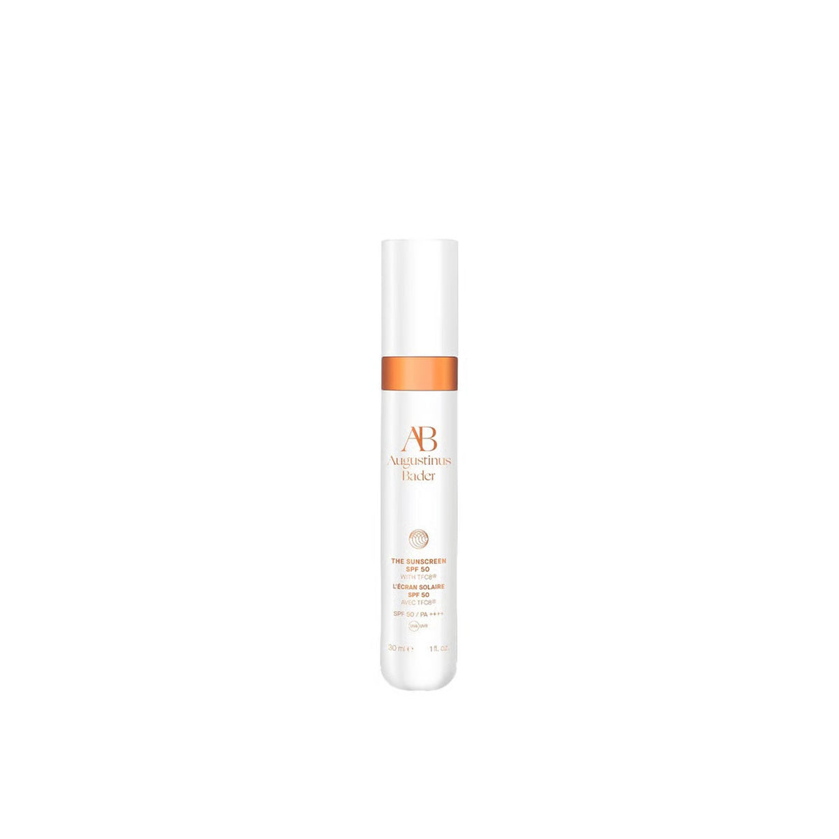White skincare bottle with orange label on a white background