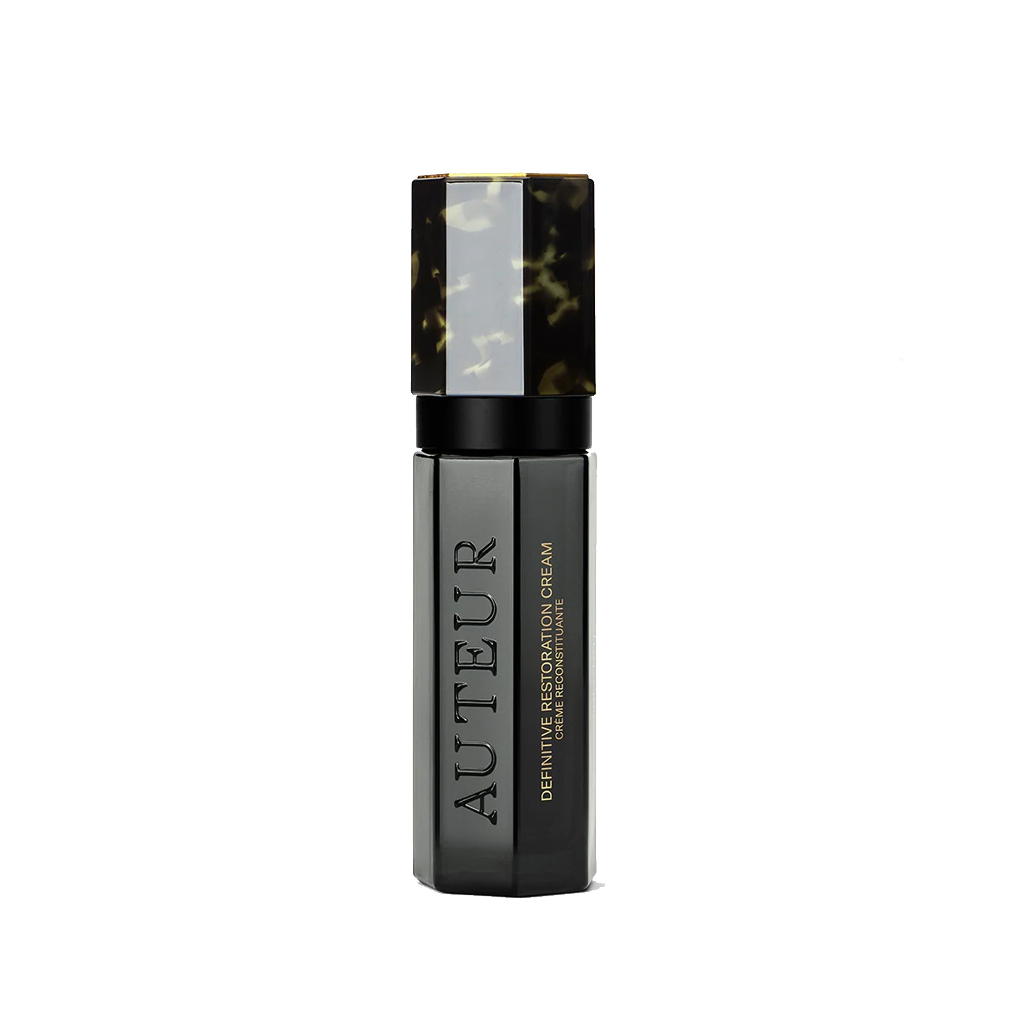 Black cosmetic bottle with marble pattern on a white background