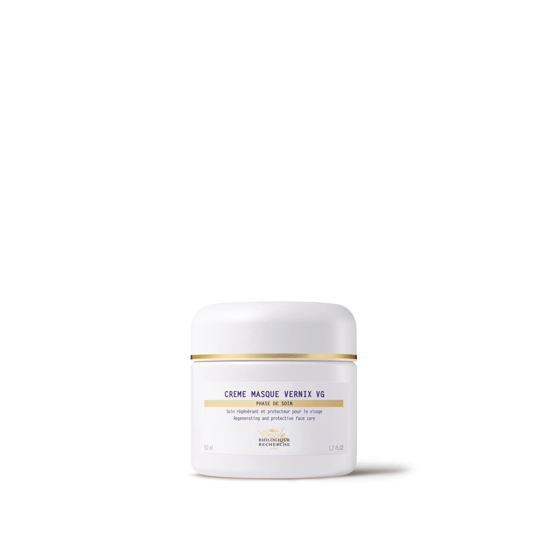 White jar with a gold label on a white background