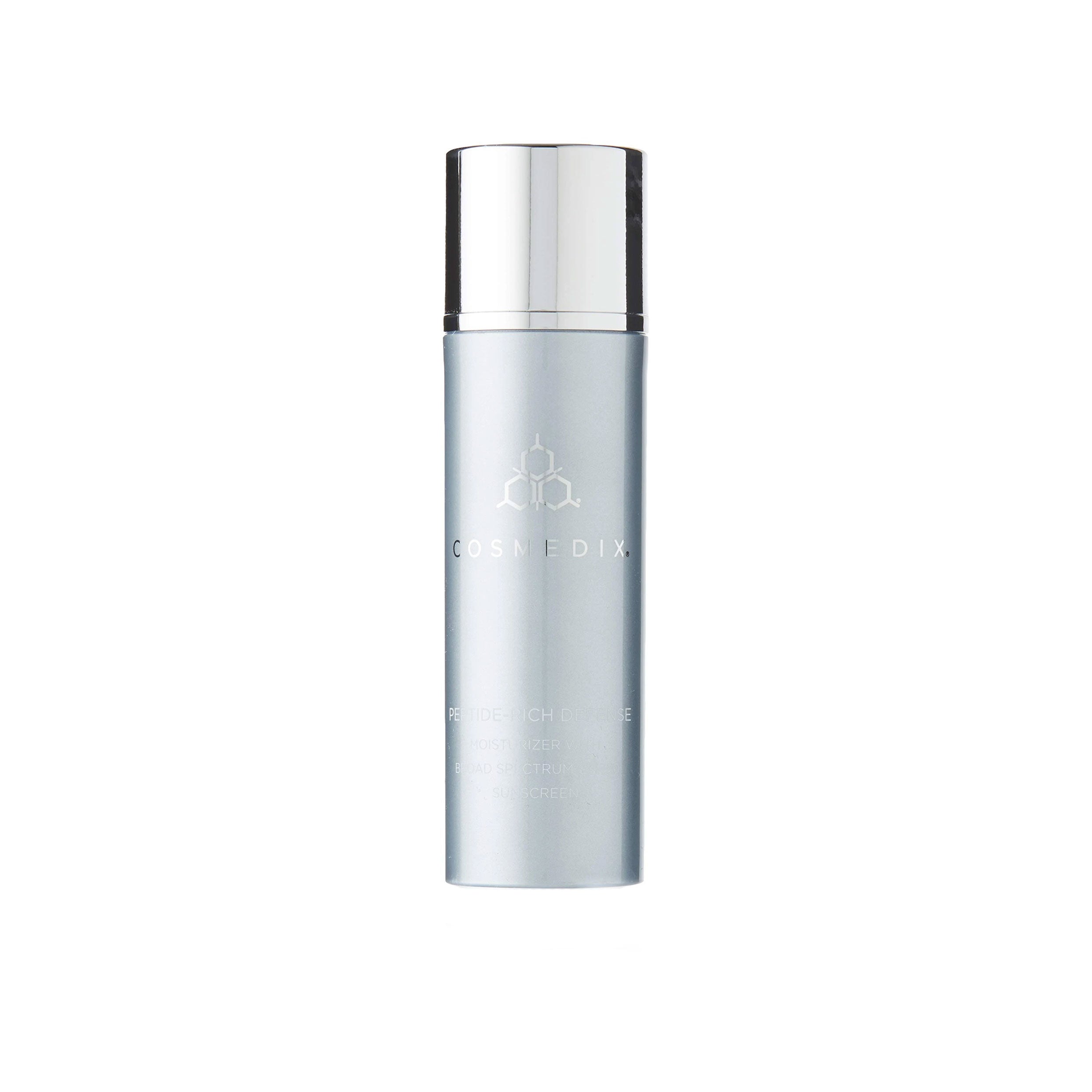 Skincare bottle with silver cap on a white background