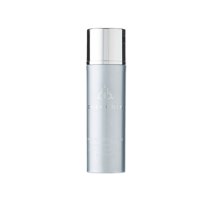 Skincare bottle with silver cap on a white background