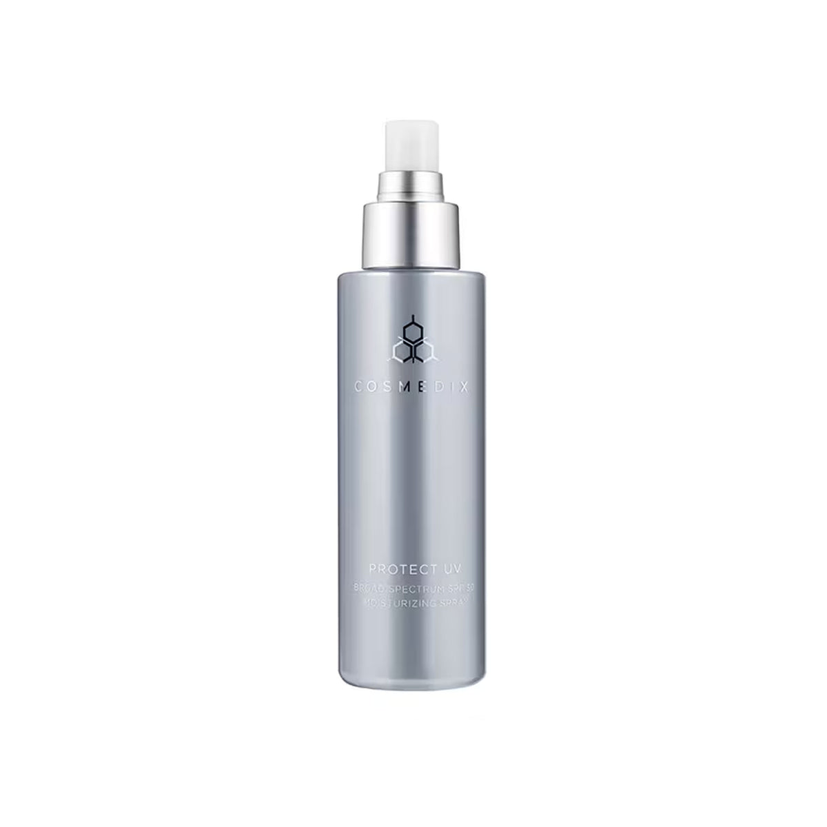 Silver skincare bottle with pump on a white background