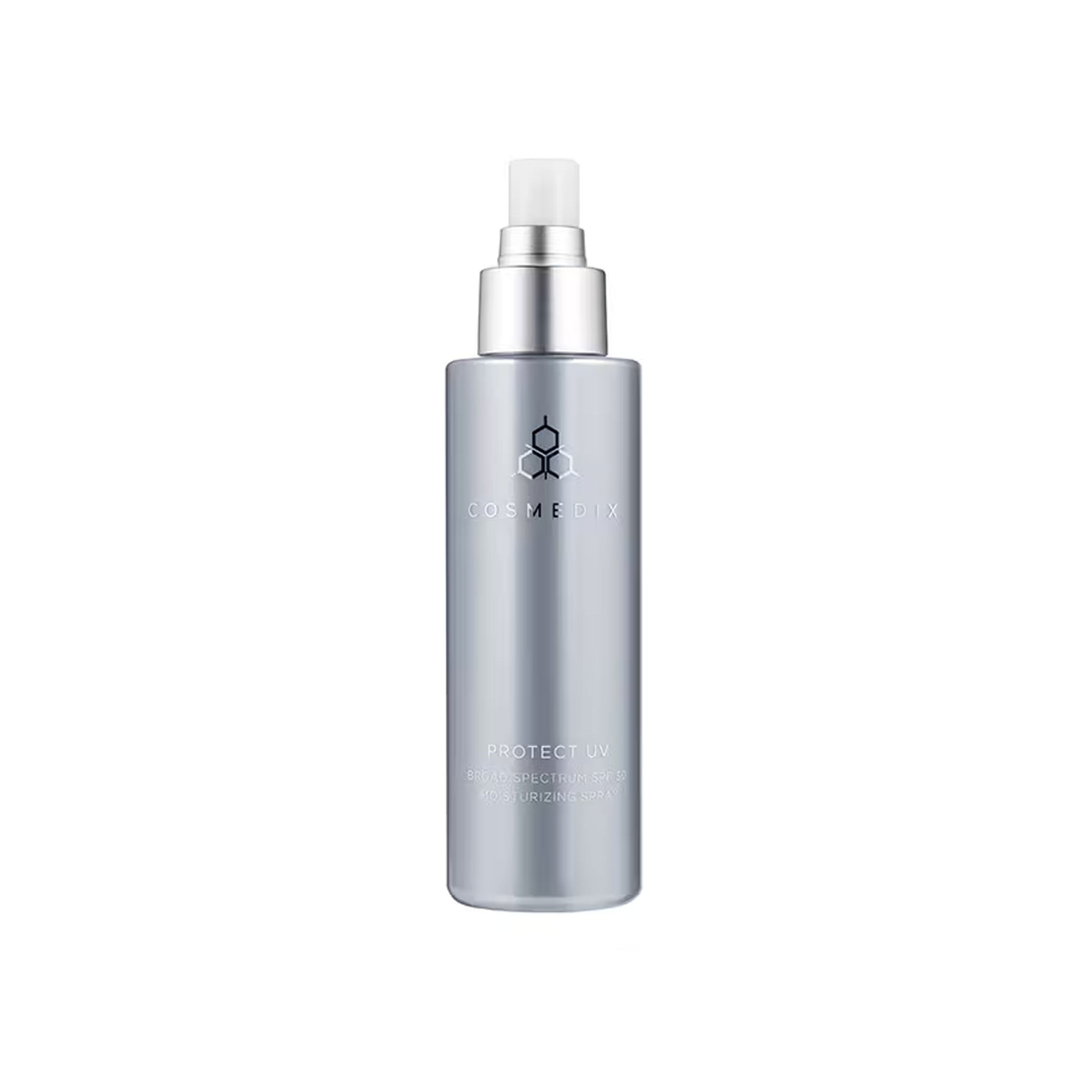 Silver skincare bottle with pump on a white background