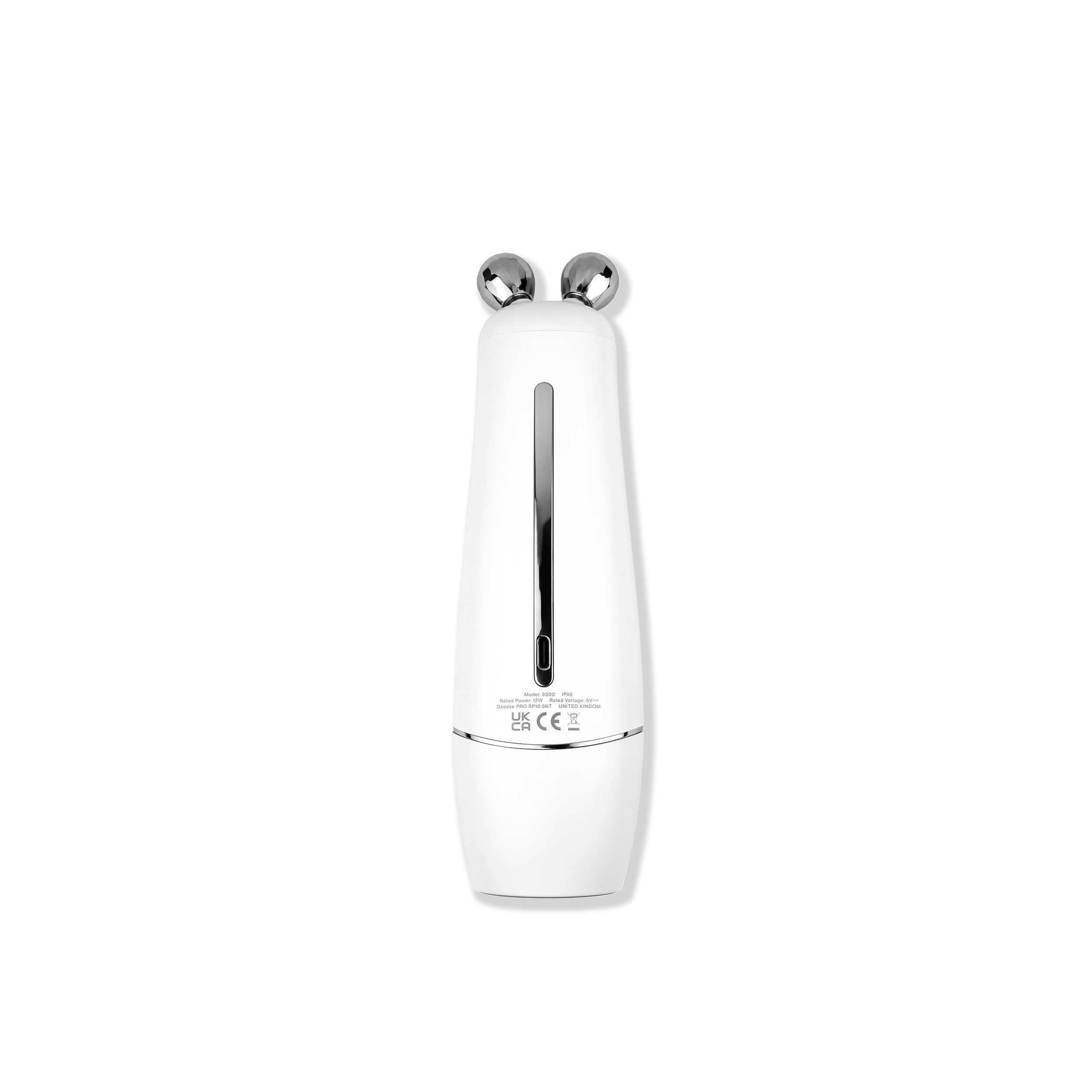A white, sleek skincare device with a handle and two metallic balls at the end, designed for facial contouring and skin tightening.