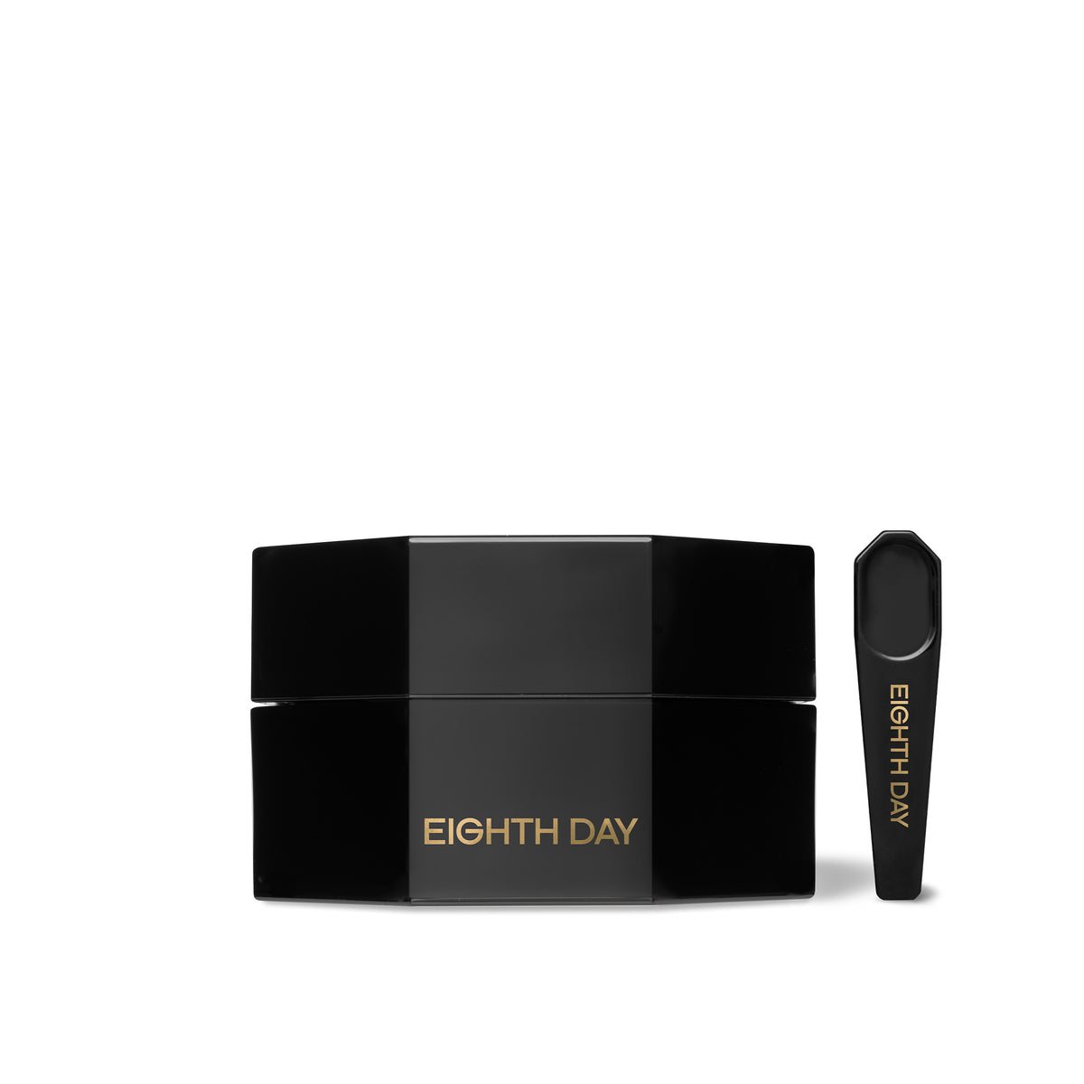 Black cosmetic jar and applicator with 'Eighth Day' branding on a white background