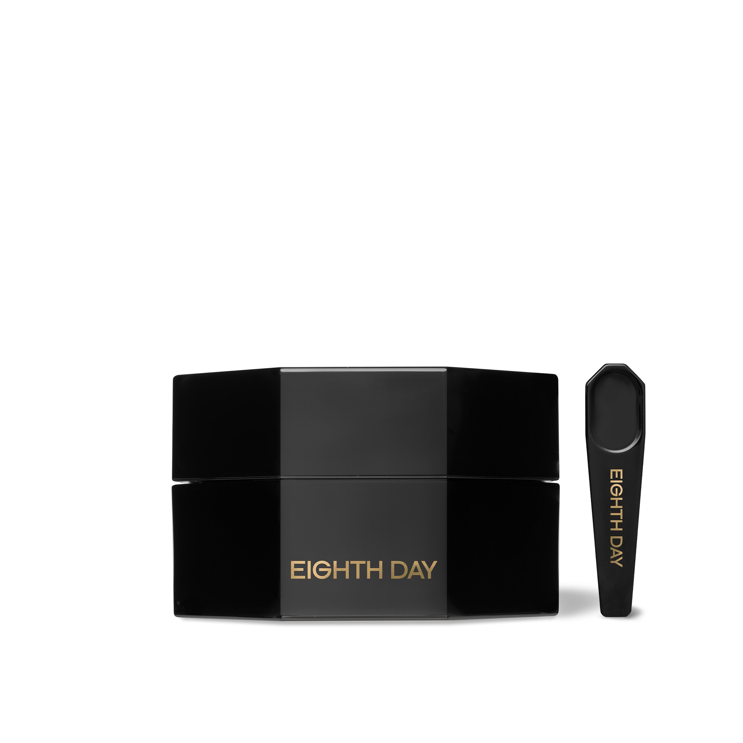 Black cosmetic jar and applicator with 'Eighth Day' branding on a white background