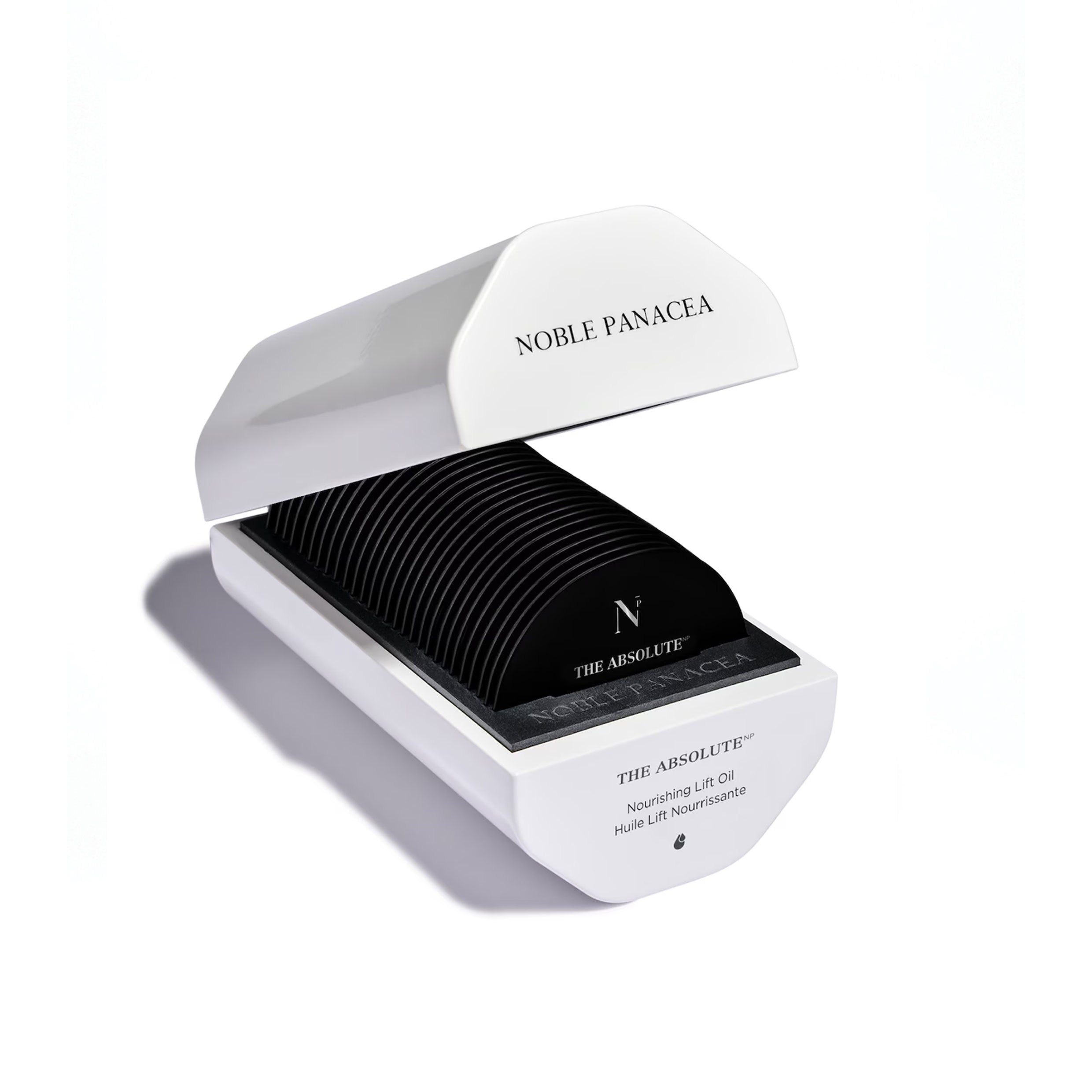 White box containing black face moisturiser with 'Noble Panacea' branding on a white background