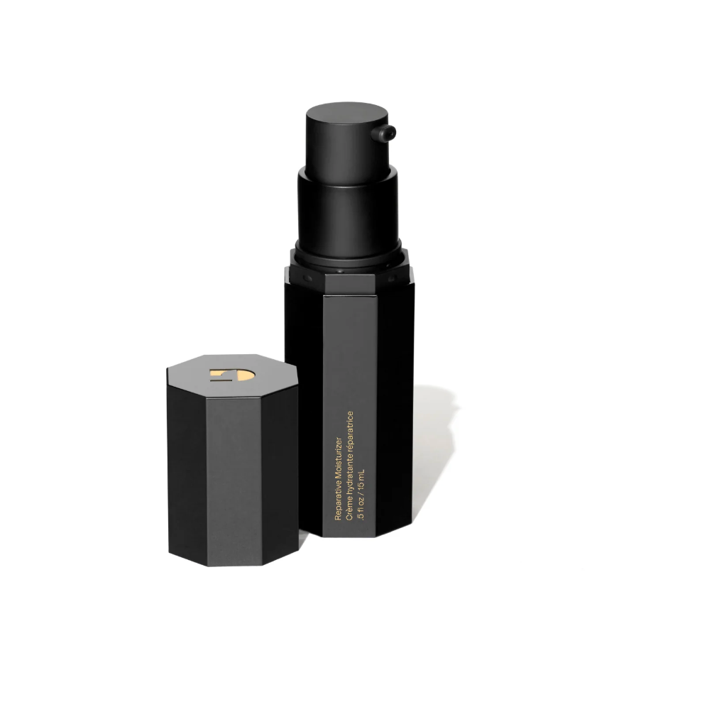 Eighth Day The Reparative Moisturiser 15ml black pump bottle beside its hexagonal cap