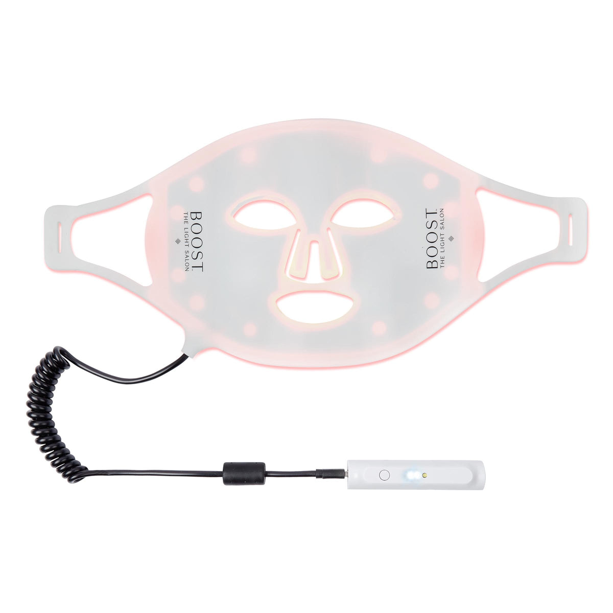 A light therapy mask with a clear, silicone base, and a coiled power cord. The mask is designed to fit on the face, with cutouts for the eyes and mouth.
