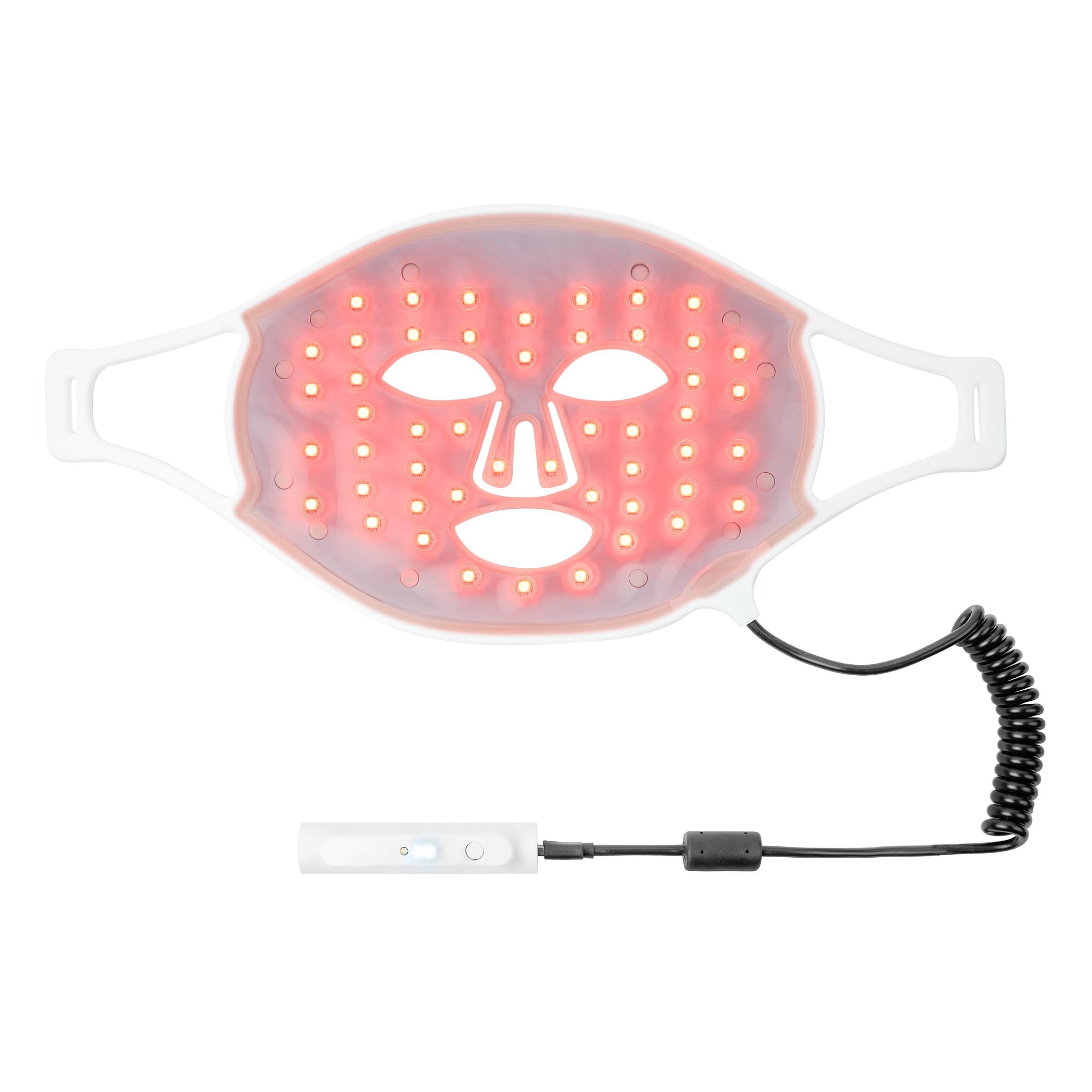 A light therapy mask with a clear, silicone base, and a coiled power cord. The mask is designed to fit on the face, with cutouts for the eyes and mouth.
