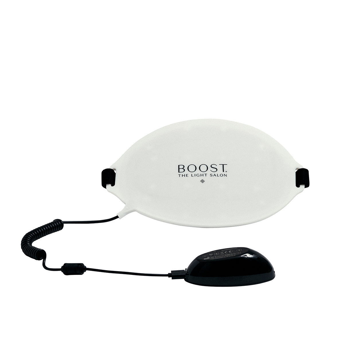 A white LED body patch with a power cord and control remote, branded 'BOOST THE LIGHT SALON'.