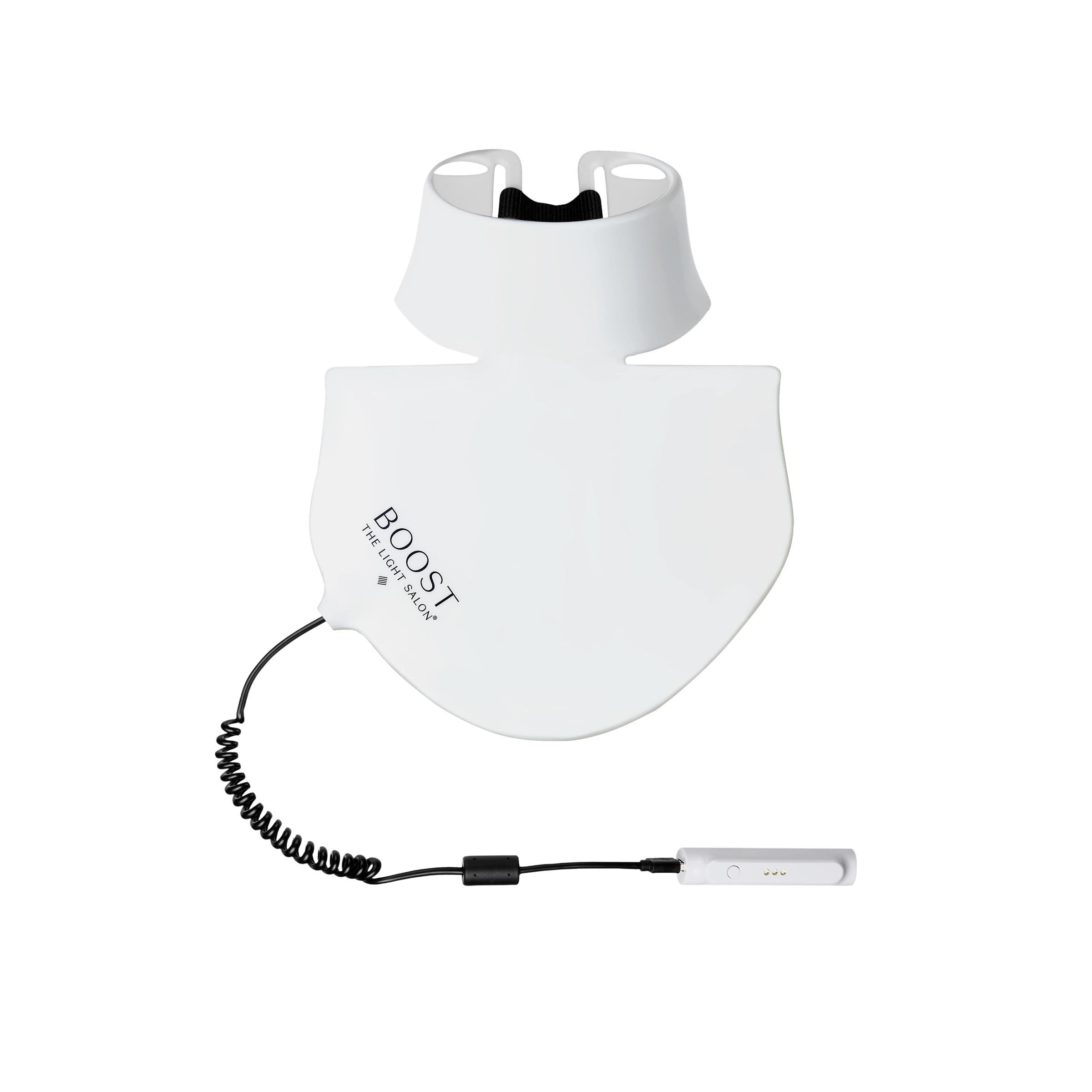 A white LED decolletage bib with an attached cord and a USB charging cable, branded with 'the light salon'.