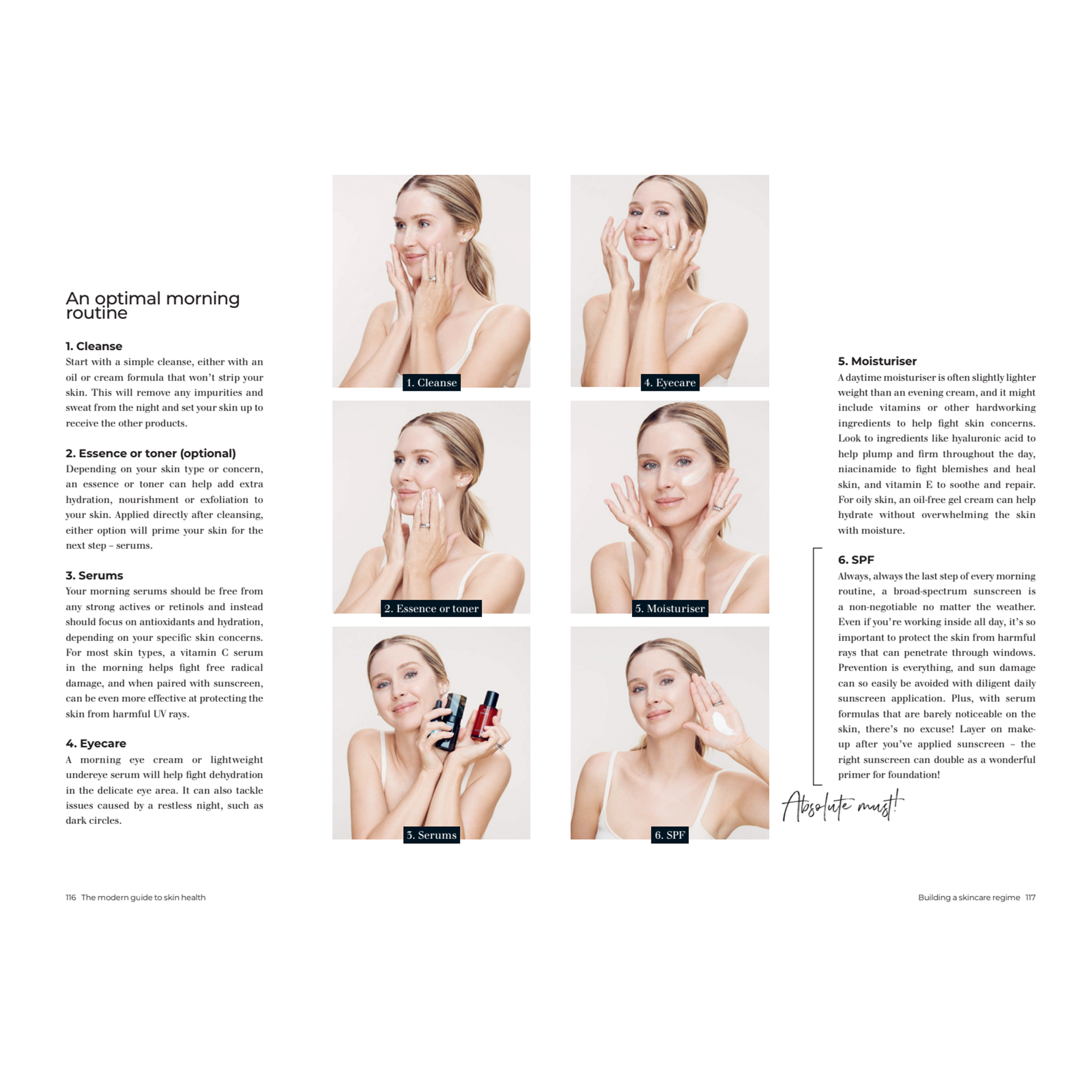 Step-by-step skincare routine guide with images of a woman applying products.