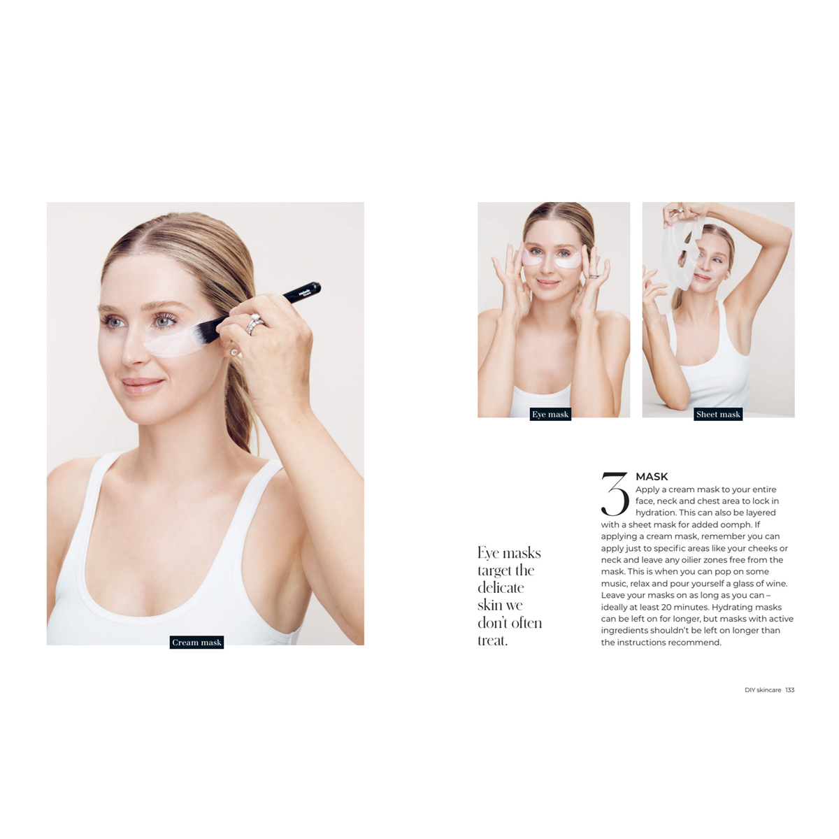 Woman applying eye masks with a brush, surrounded by text instructions on a white background.