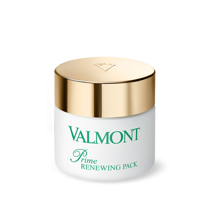 Valmont Prime Renewing Pack cream jar with gold lid on a white background