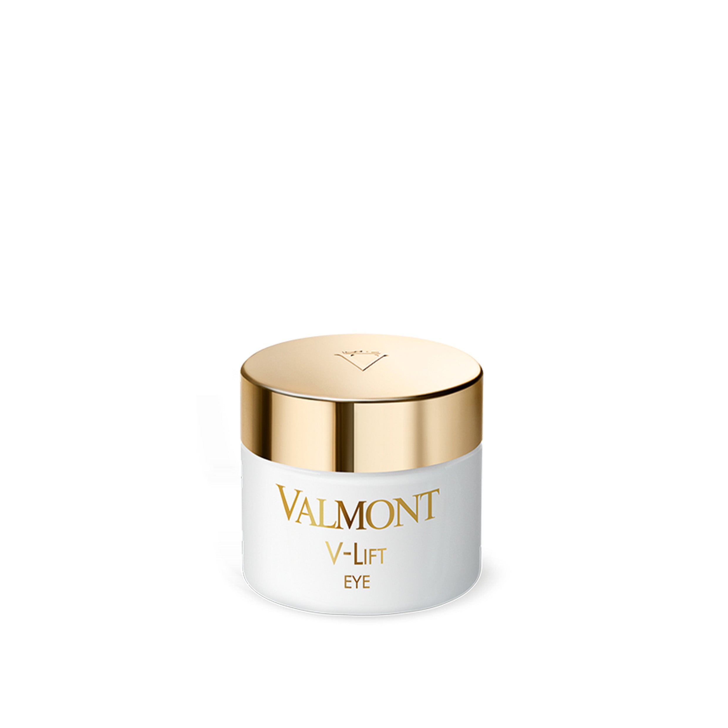 Valmont V-Lift Eye cream jar with gold lid on a white background