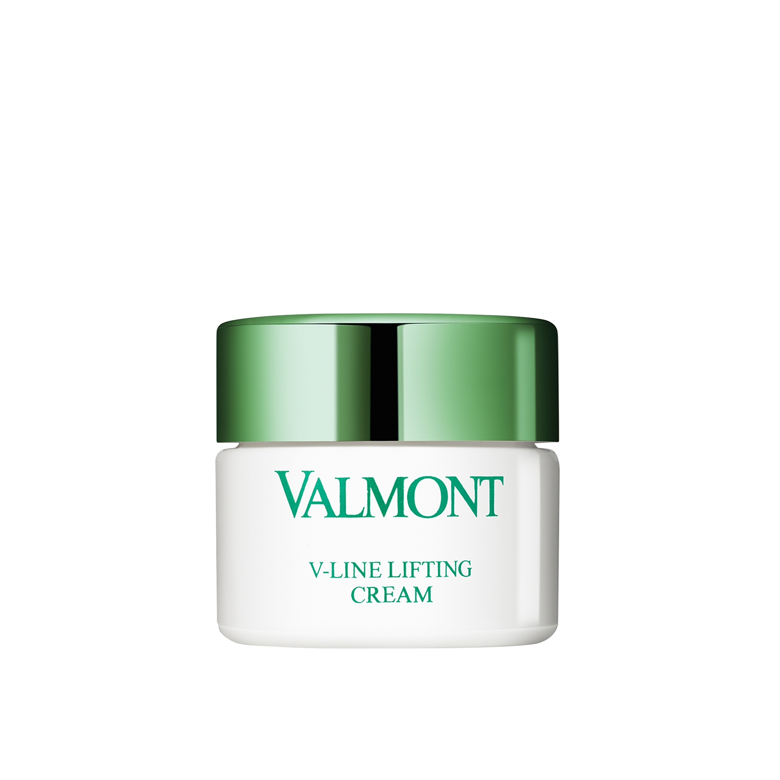 A jar of Valmont V-Line Lifting Cream with a white body and green lid, labeled clearly.