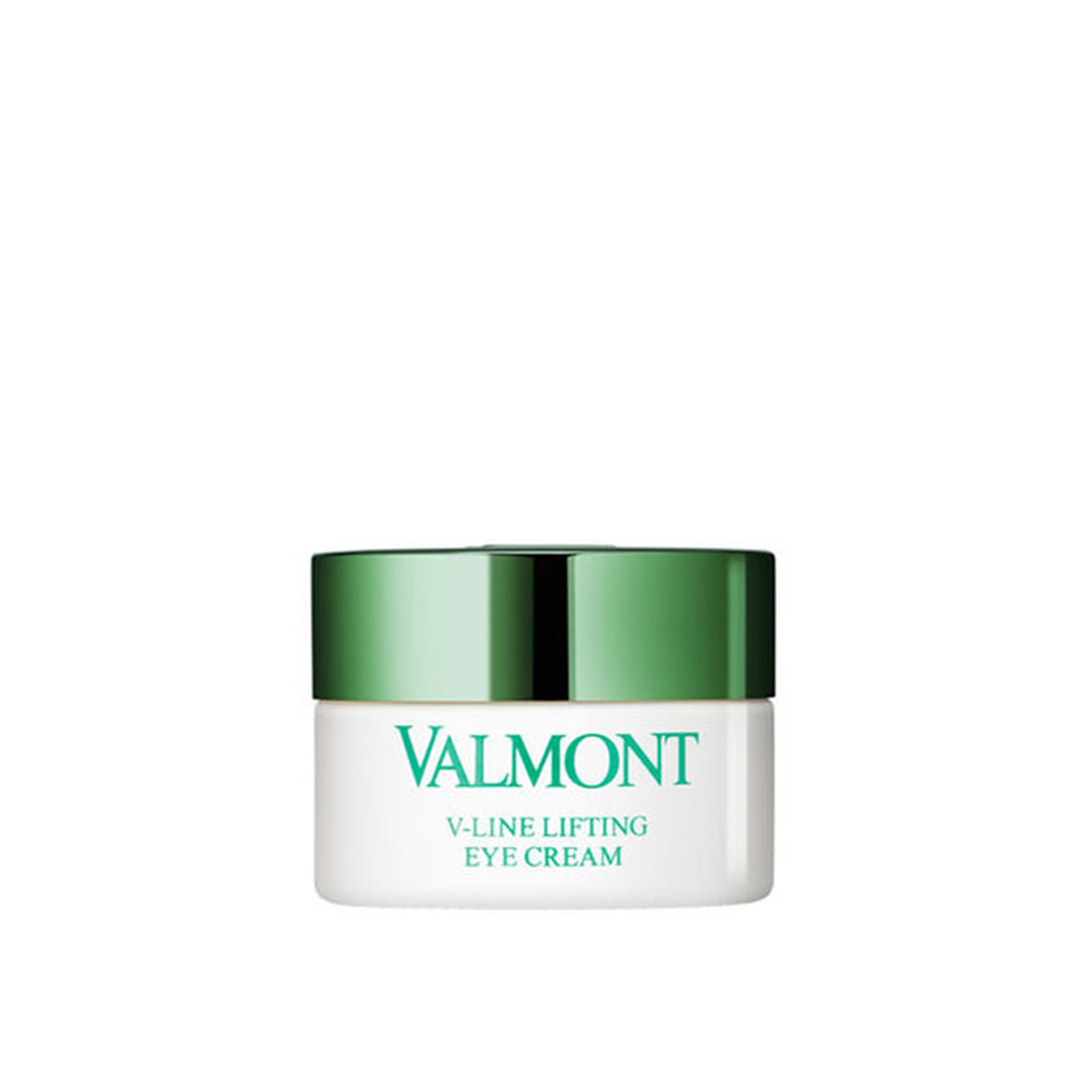 A jar of Valmont V-Line Lifting Eye Cream with a white body and a green lid, labeled for anti-aging eye care.