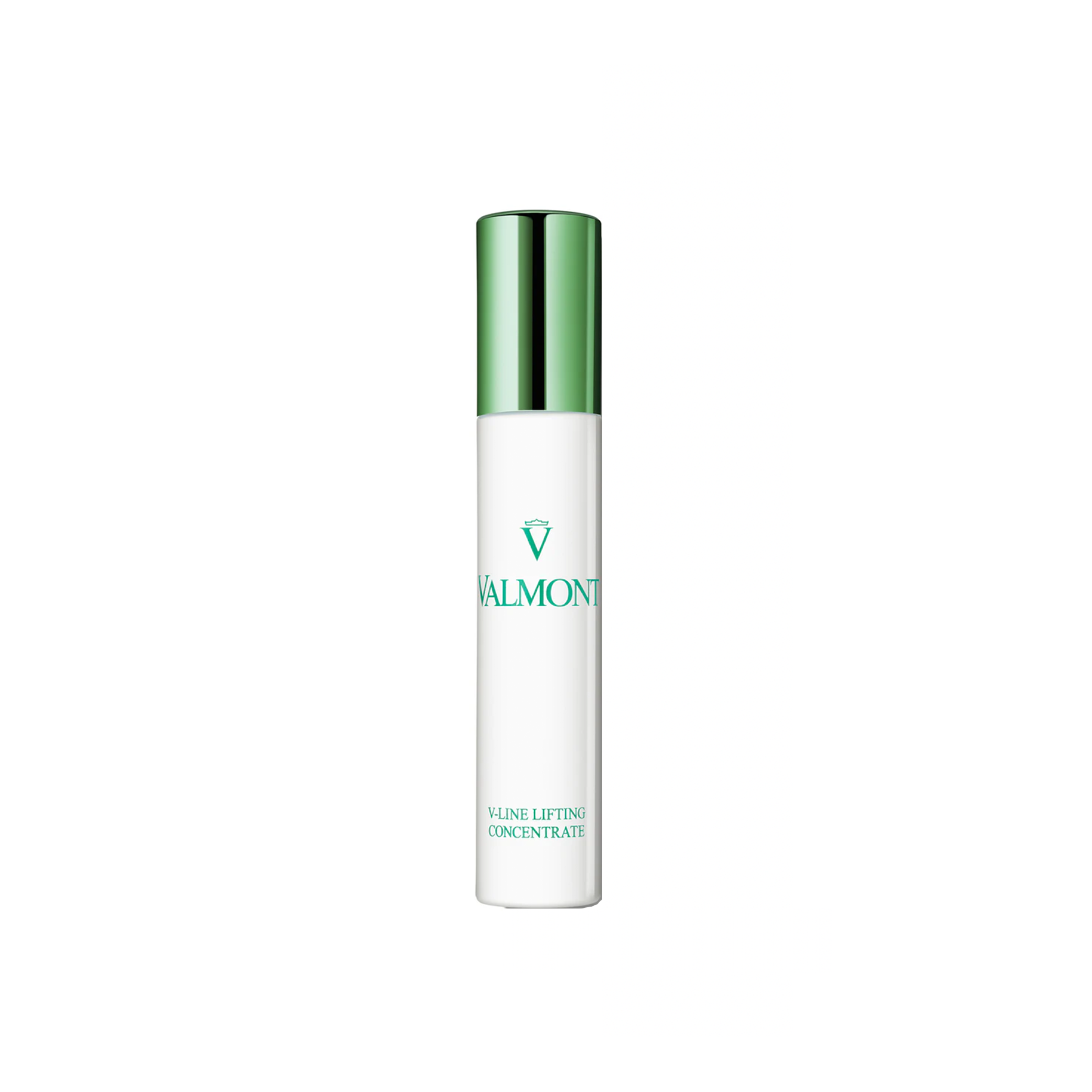 A bottle of Valmont V-Line Lifting Concentrate serum with a white body and green cap, labeled for anti-wrinkle skincare.
