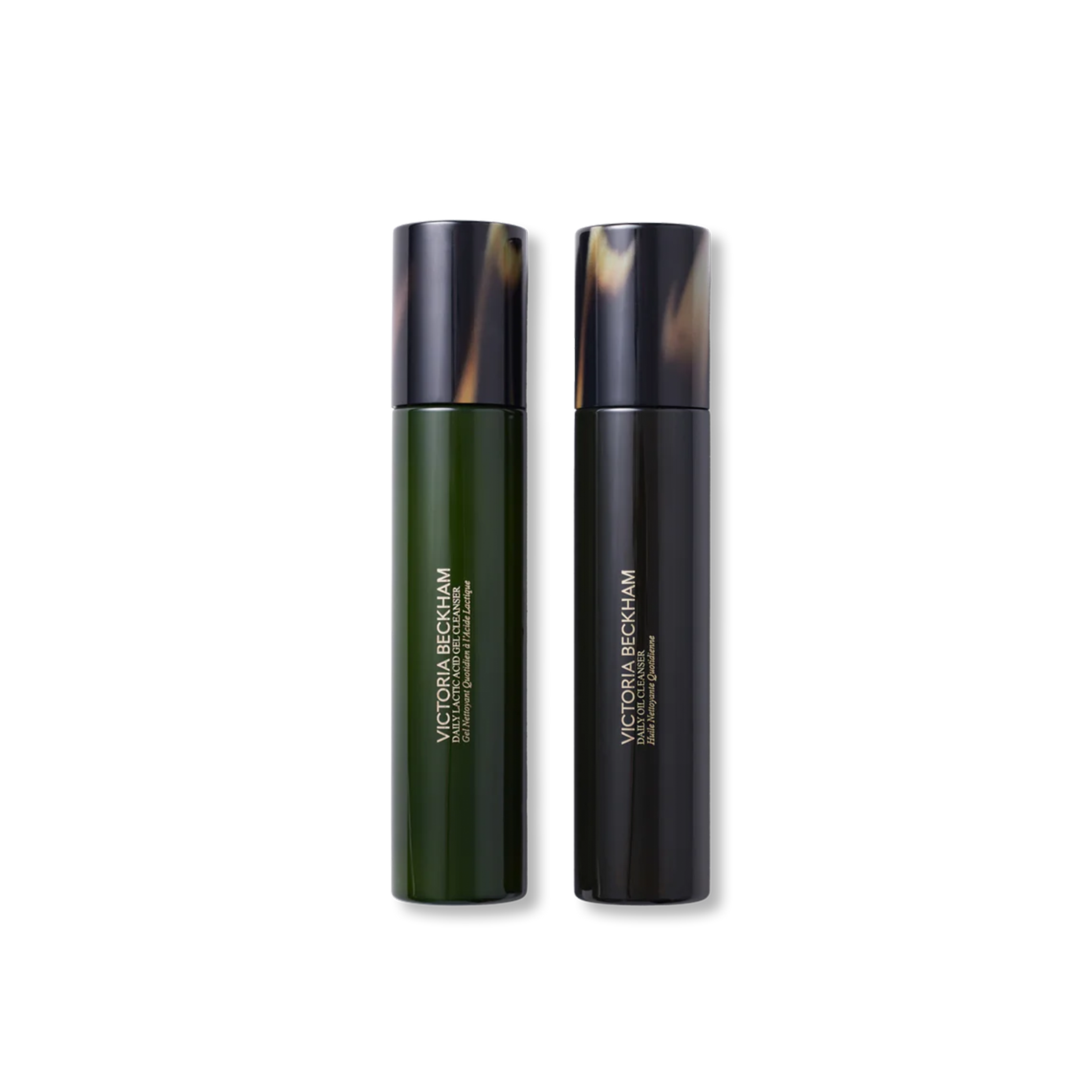 Two Victoria Beckham skincare bottles on a white background