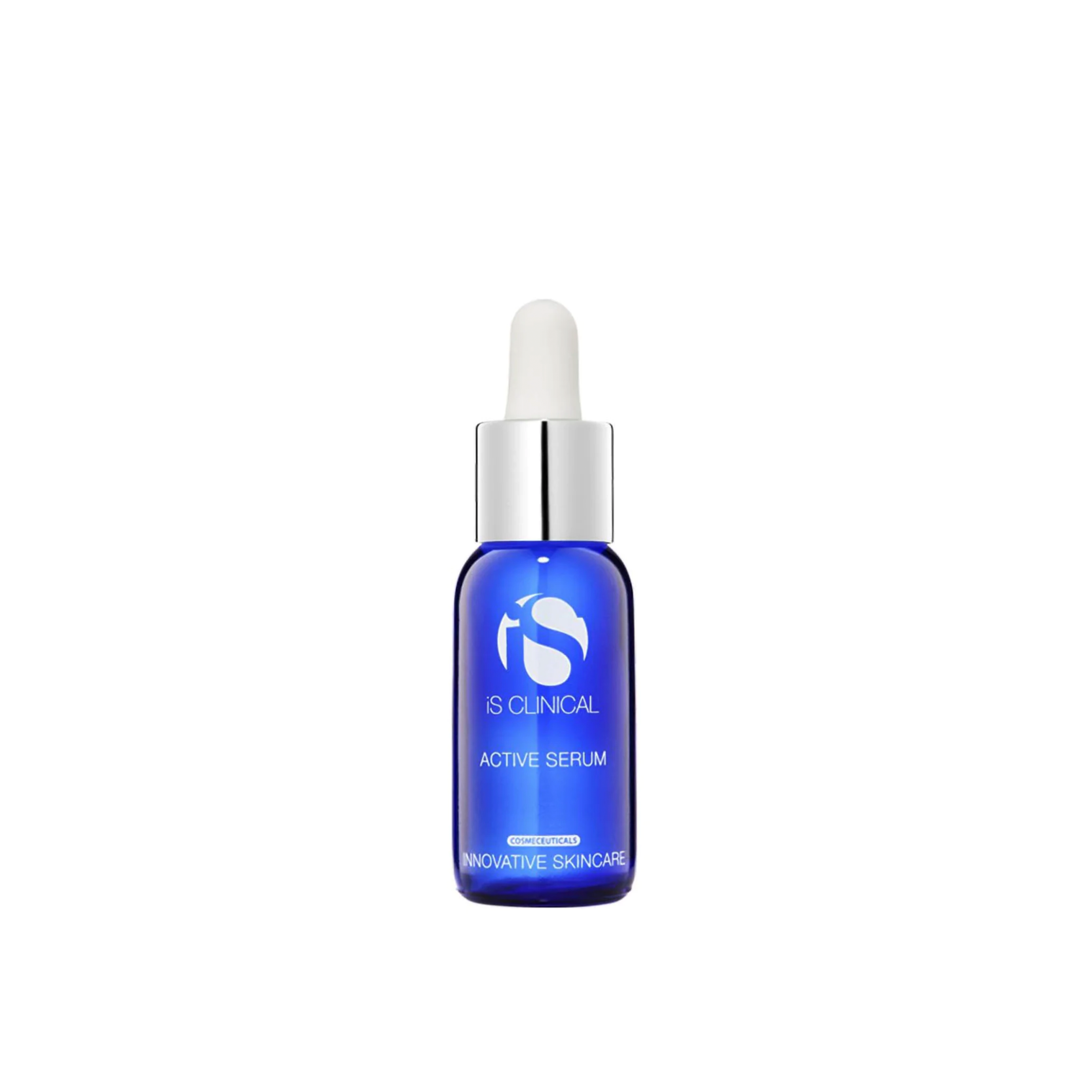 A blue bottle with a white dropper cap for dispensing, labeled 'iS Clinical Active Serum'.