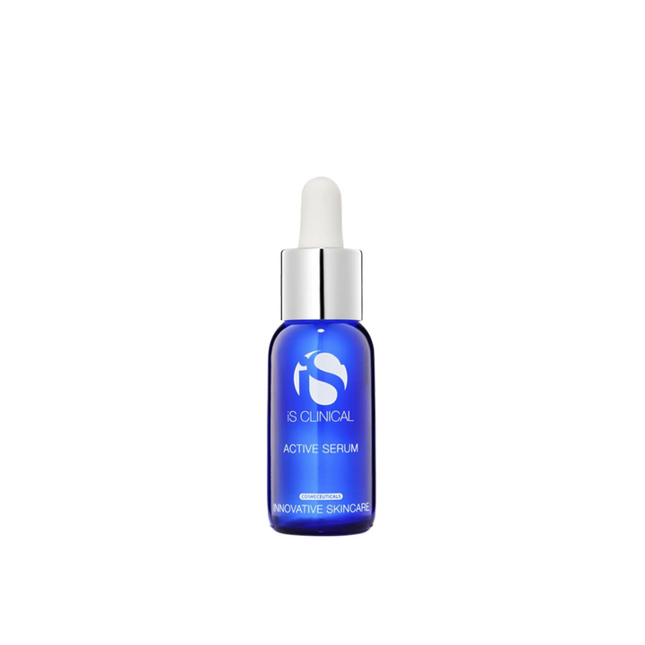 A blue bottle with a white dropper cap for dispensing, labeled 'iS Clinical Active Serum'.