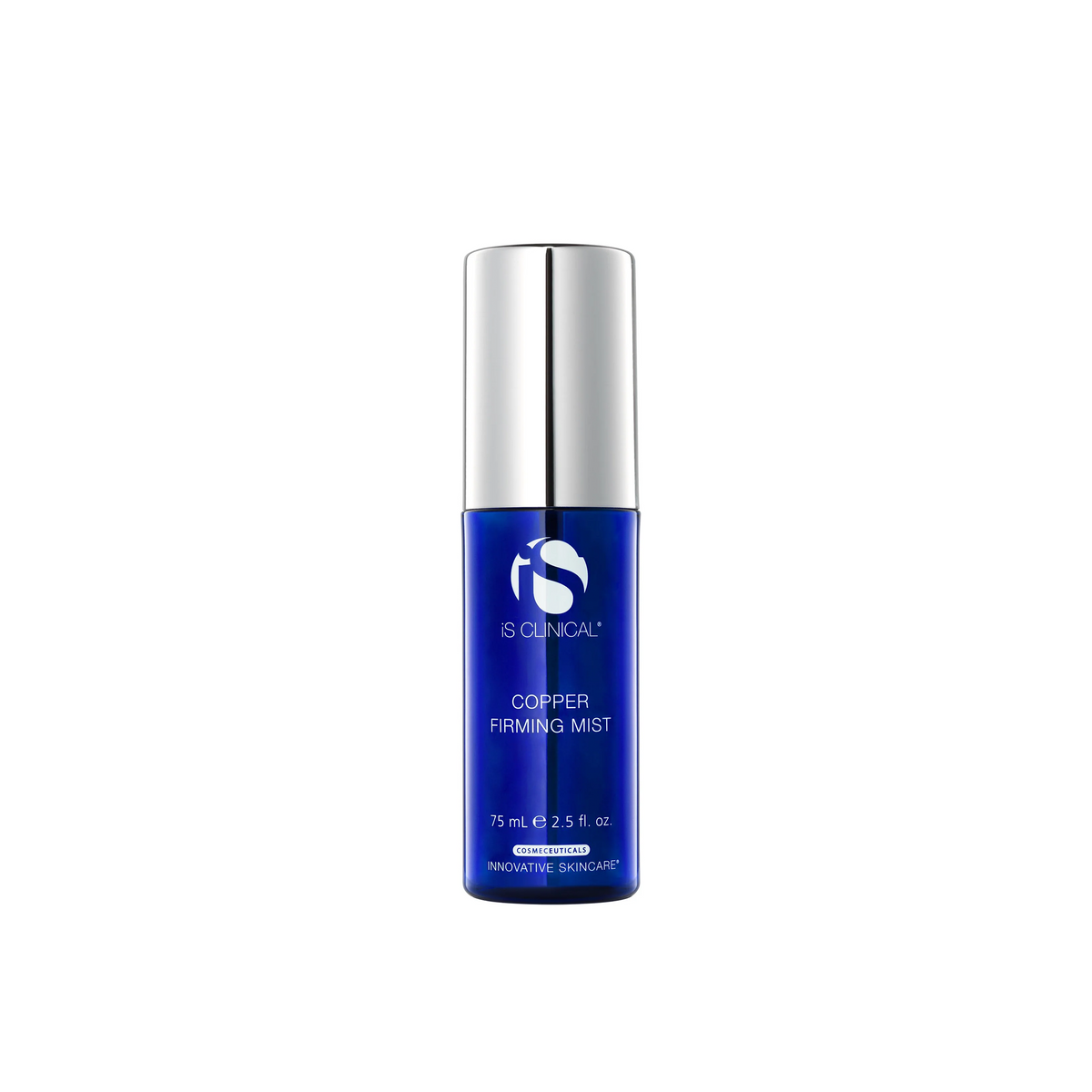 A pump bottle of iS Clinical Copper Firming Mist with a blue label.