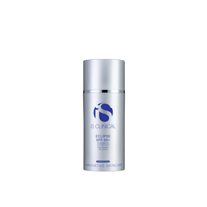 A pump bottle of iS Clinical Eclipse SPF 50+ Translucent sunscreen lotion.