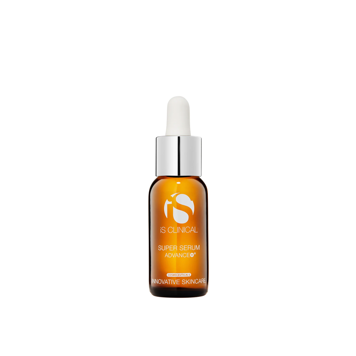 A bottle of iS Clinical Super Serum Advanced with a dropper cap.