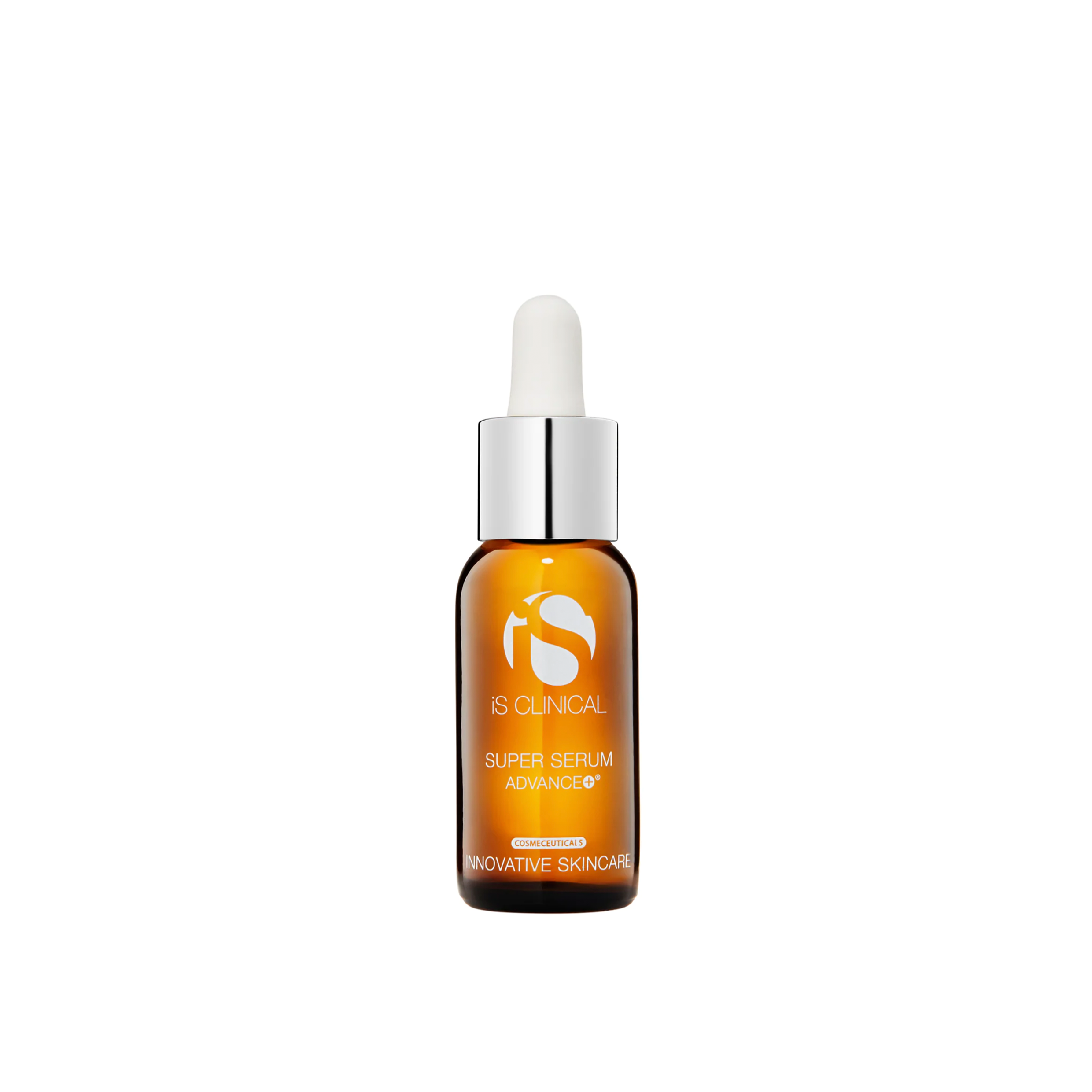 A bottle of iS Clinical Super Serum Advanced with a dropper cap.
