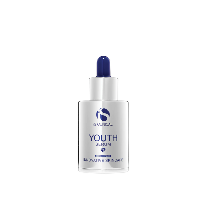 A bottle of iS Clinical Youth Serum with a dropper cap.